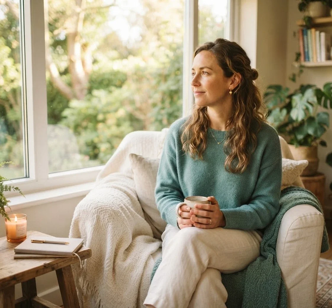 A woman sitting on a cozy armchair in a sunlit room, holding a mug, with a large window showing greenery outside, a side table with a candle, notebook, and pen nearby, and houseplants and books in the background.