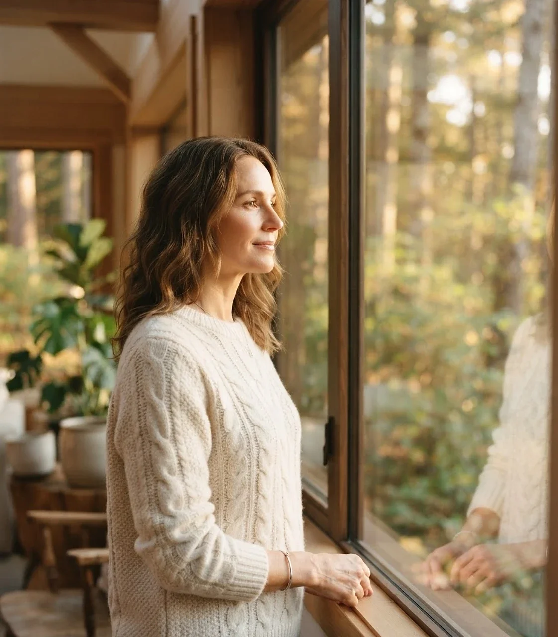 A woman with brown wavy hair looking out a window with a gentle smile, wearing a cream-colored cable-knit sweater, in a cozy room with wooden features and greenery outside.