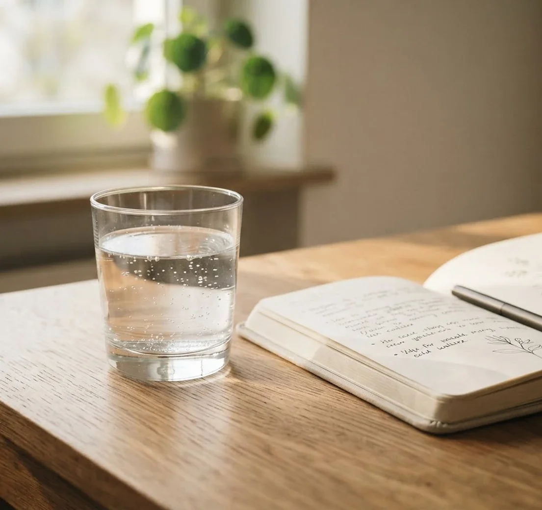 A glass of water and an open notebook with handwritten notes sit on a wooden table near a window with a potted plant in the background.
