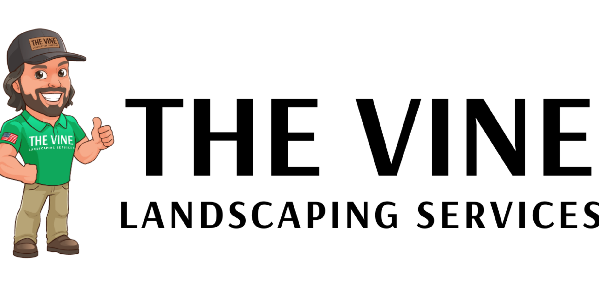 Logo for The Vine Landscaping Services featuring a cartoon man in a green shirt and khaki pants giving a thumbs-up.