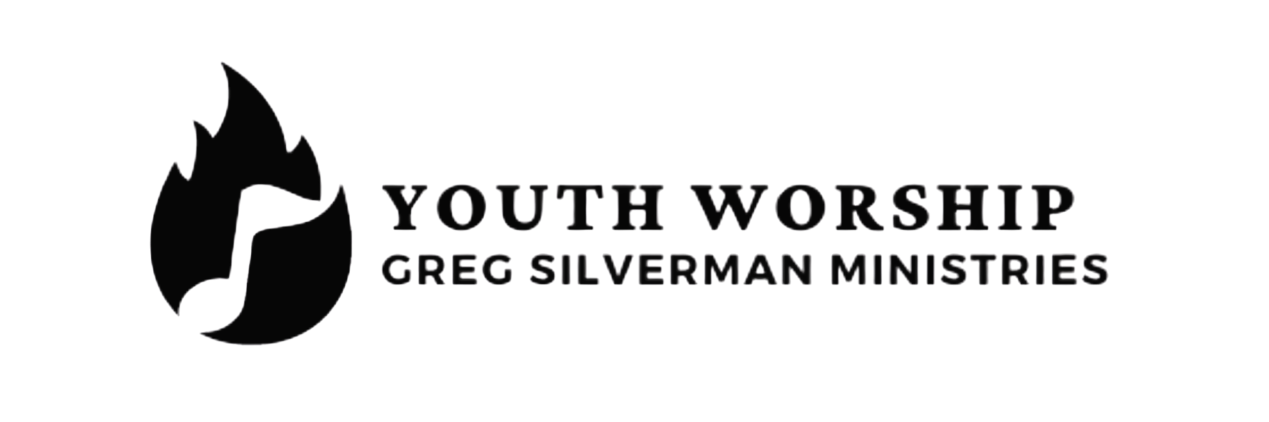 Logo for 'Youth Worship' by Greg Silverman Ministries featuring a stylized black flame symbol and bold black text.