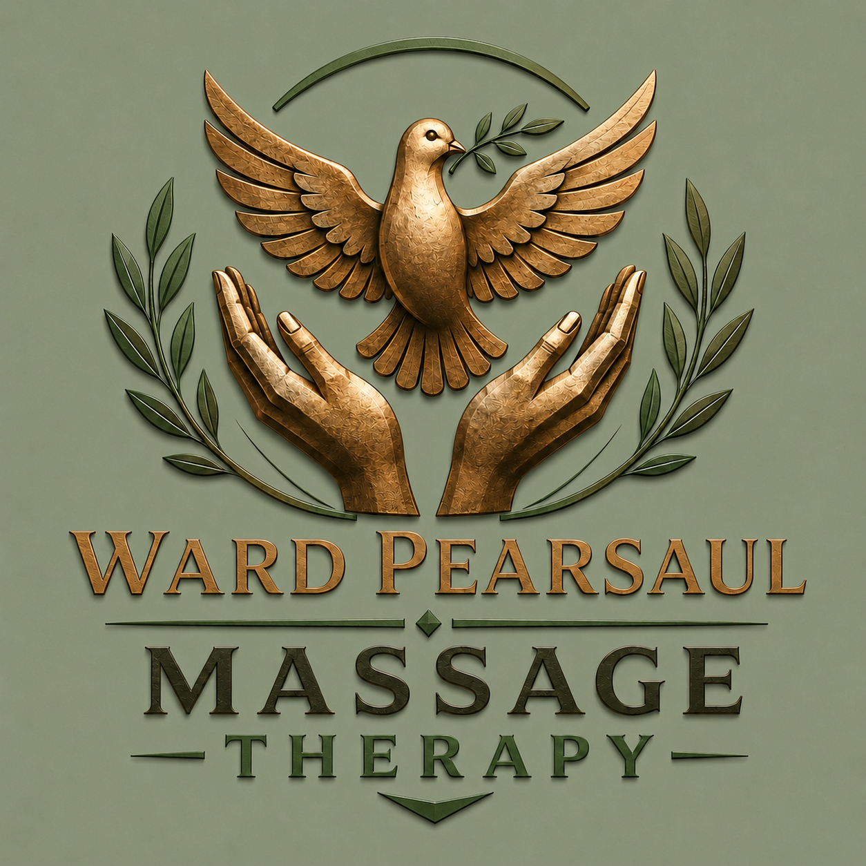Decorative sign for Ward Pearsaul Massage Therapy featuring a golden dove holding an olive branch, with outstretched hands and laurel branches surrounding the dove.