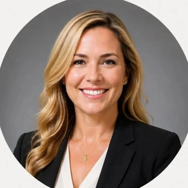 A woman with curly hair wearing a black blazer and a white top, smiling against a plain blue background.