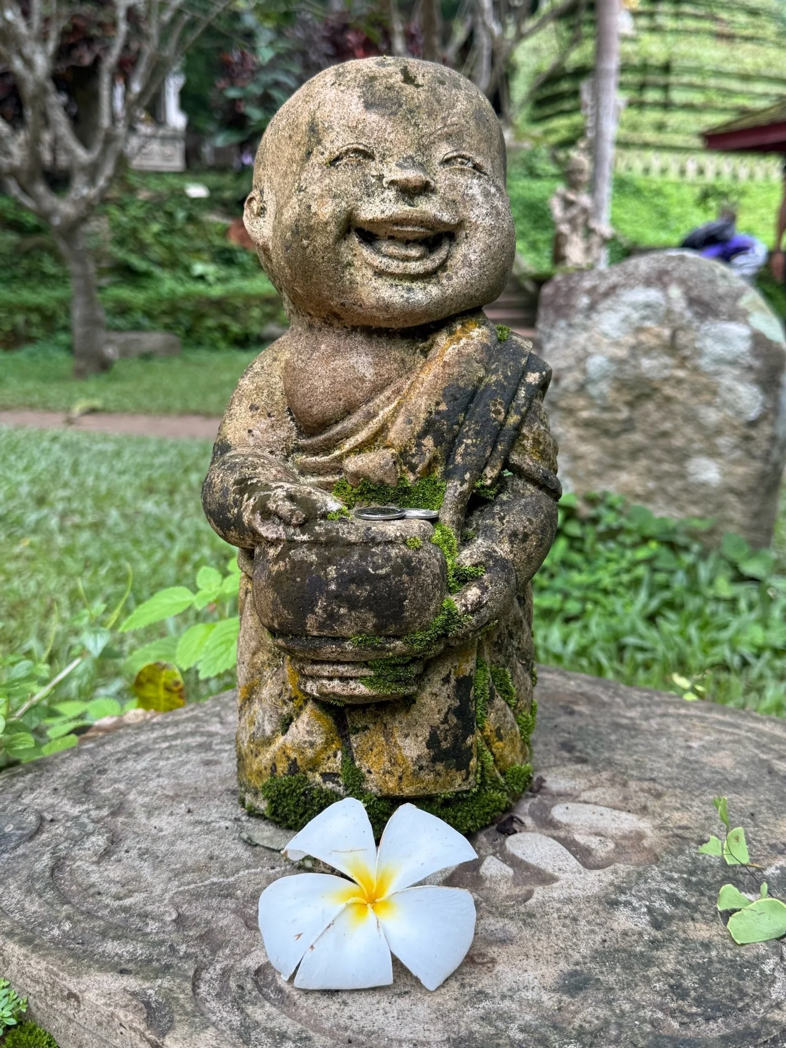 Smiling stone statue in a garden with a white flower at its base.
