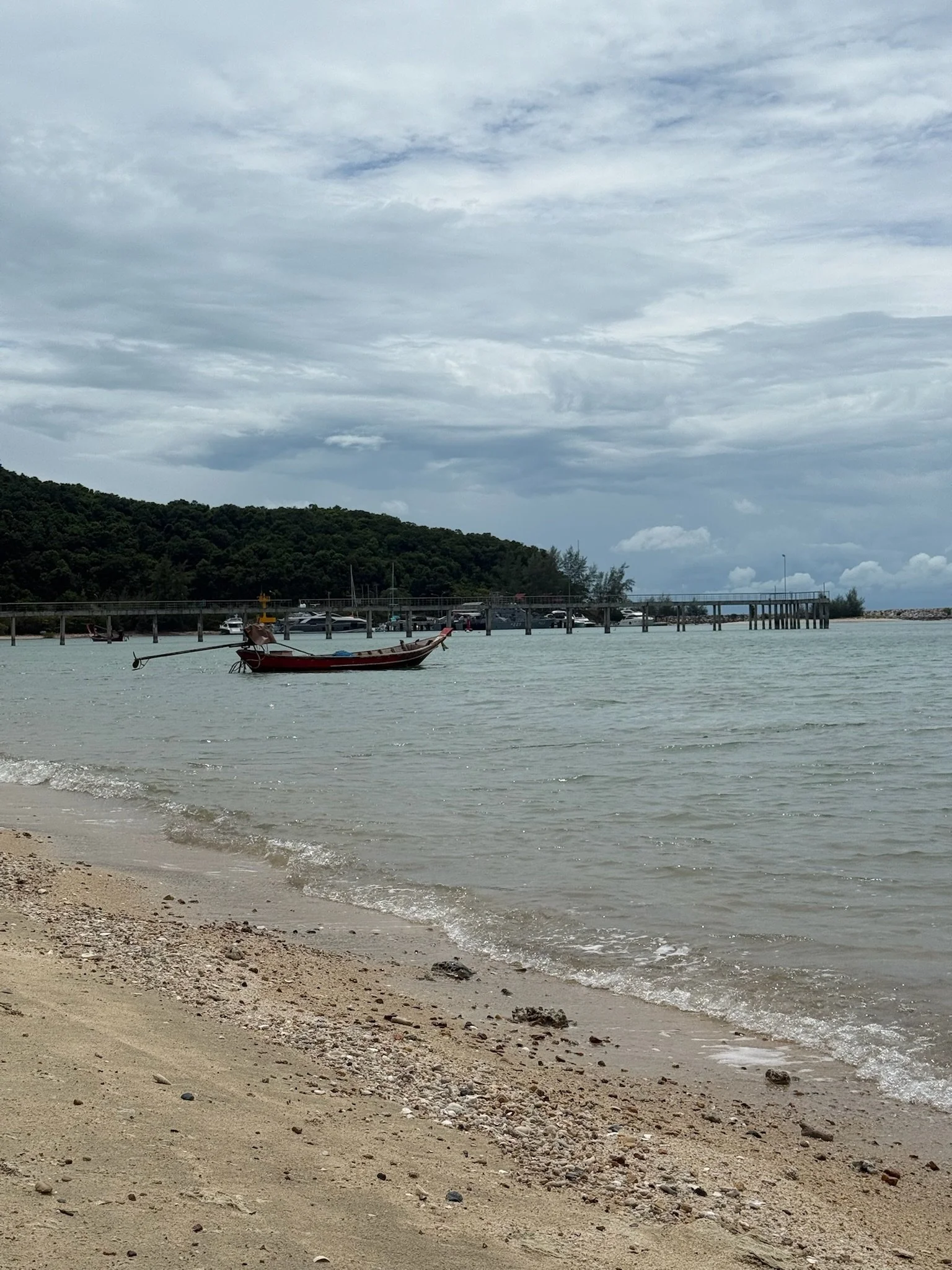 Quiet shoreline with a small boat on the water under a cloudy sky.