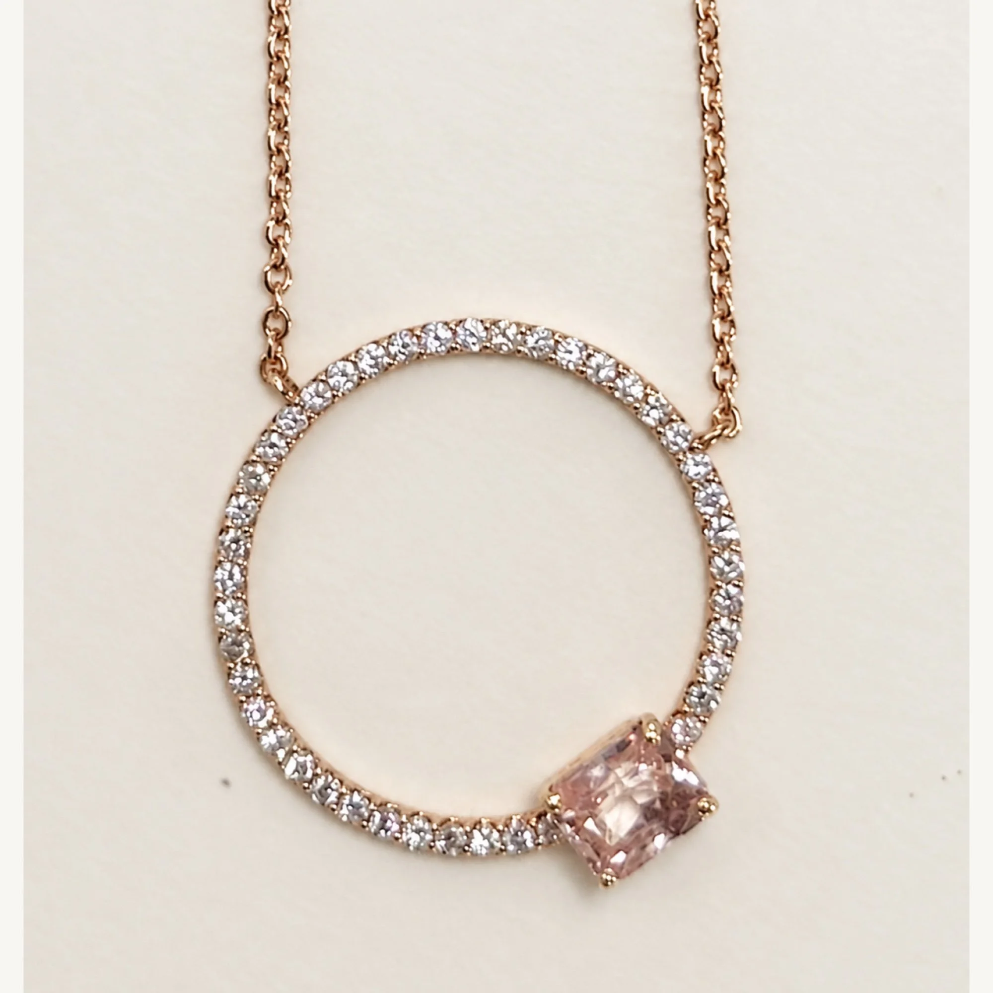 Padparadscha Sapphire and Diamond Circle Pendant Necklace