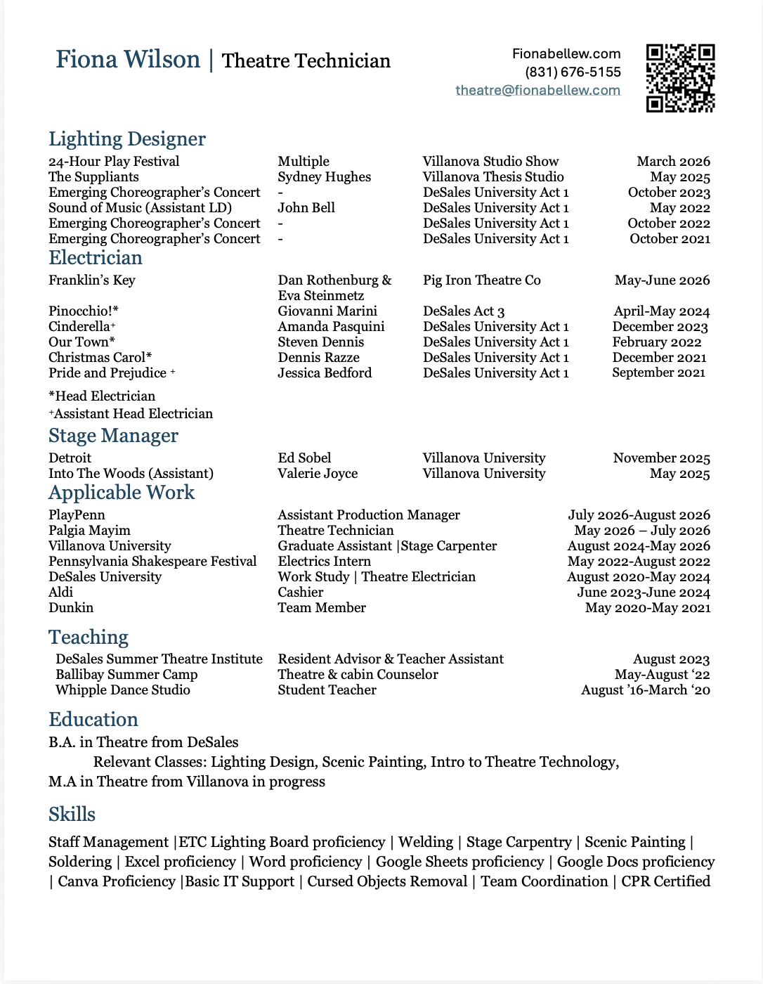 A professional resume for Fiona Wilson, a Theatre Technician, detailing her experience, education, skills, and contact information.