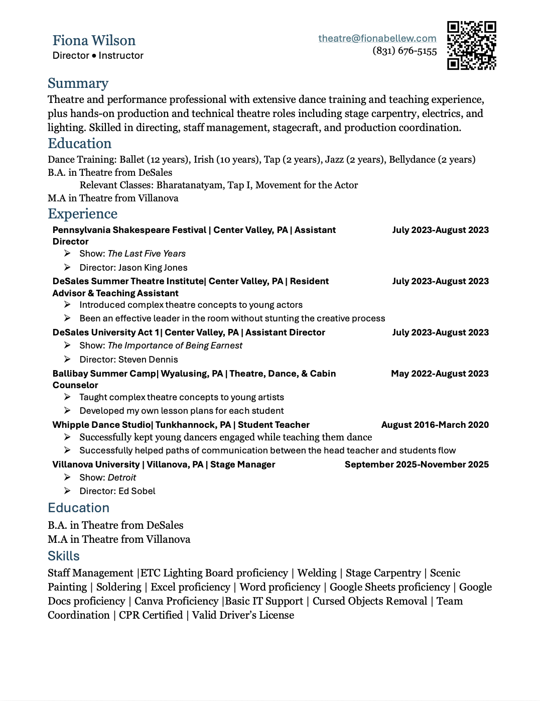 A professional resume for Fiona Wilson, a director and instructor, listing her contact information, summary of experience, education, skills, and work history including theater, dance, and stage management roles.