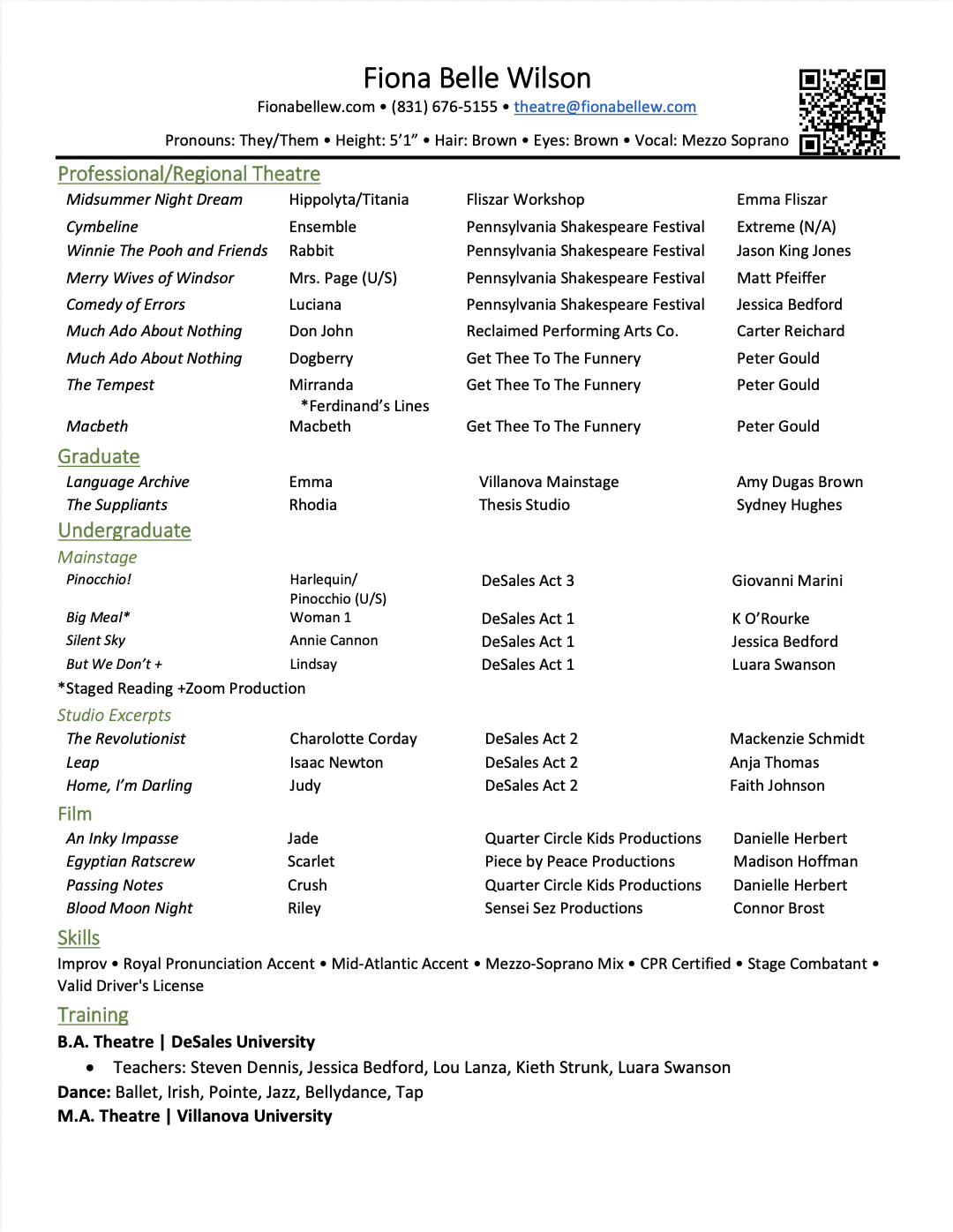 A resume for Fiona Belle Wilson featuring her contact details, pronouns, physical description, and theatre experience including professional, regional, graduate, undergraduate, studio excerpts, film, skills, and training information.