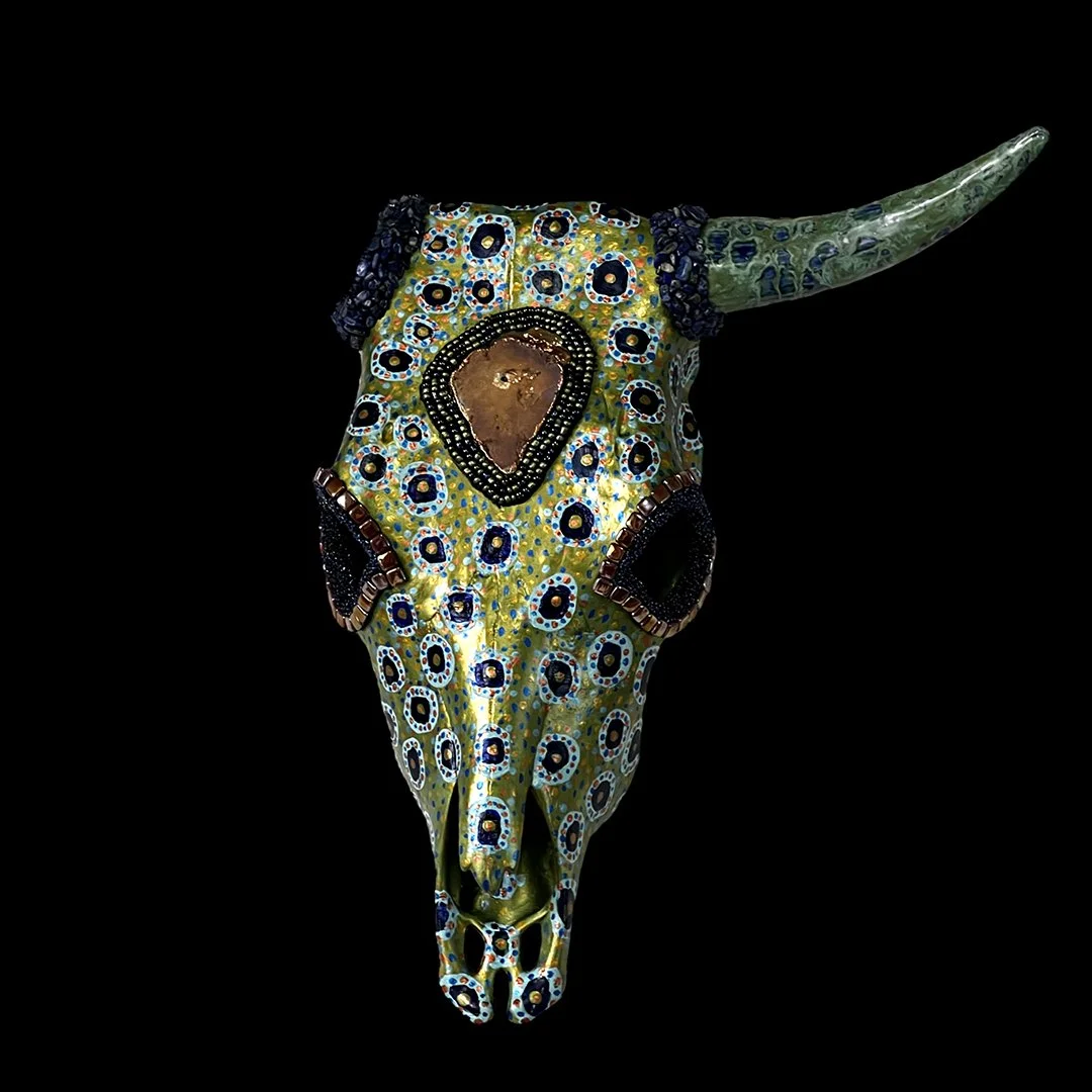 cow skull painted and mosaic one horn green.jpg