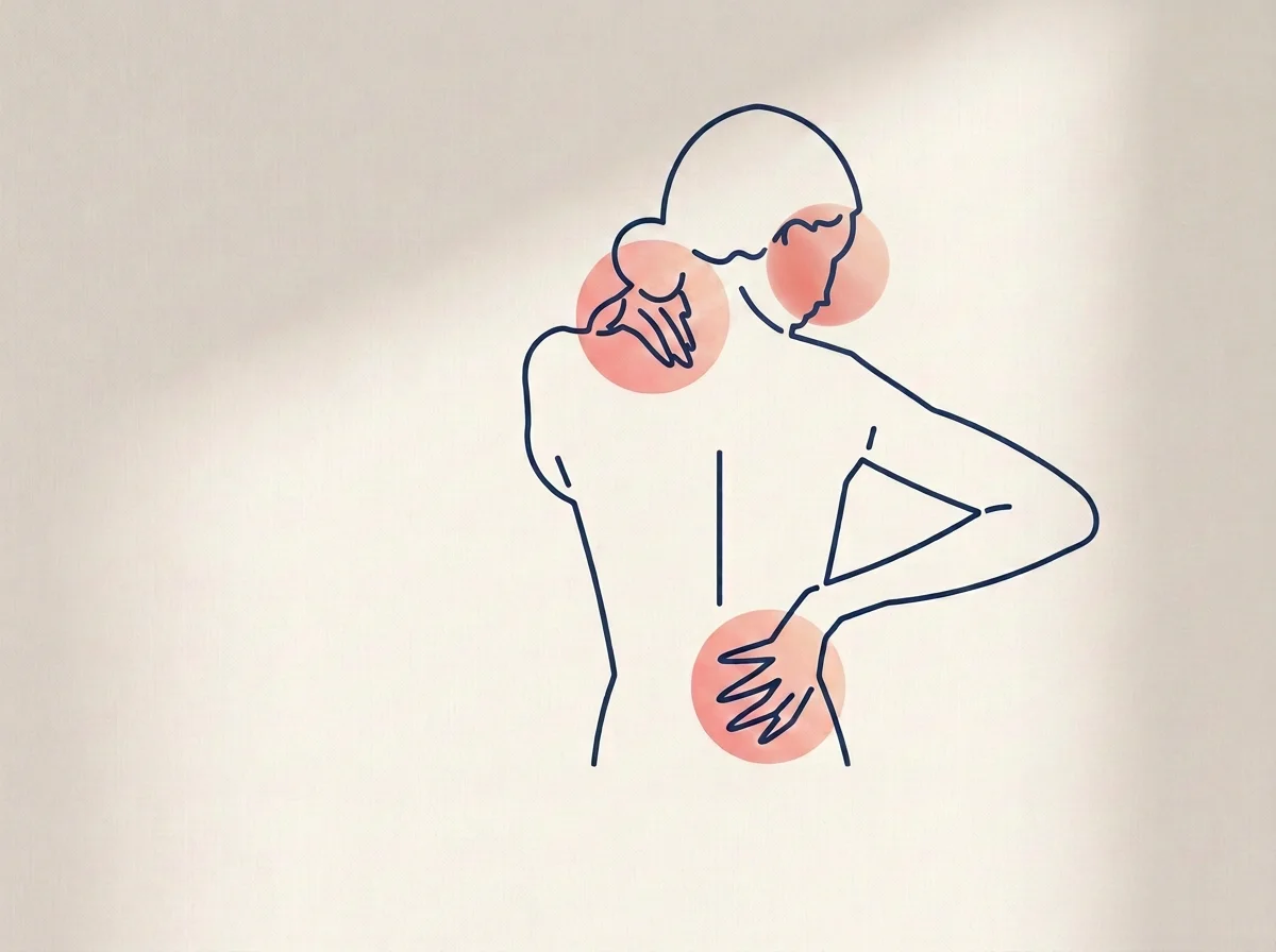 Line drawing of a woman with three red circles highlighting her shoulder, lower back, and hand.