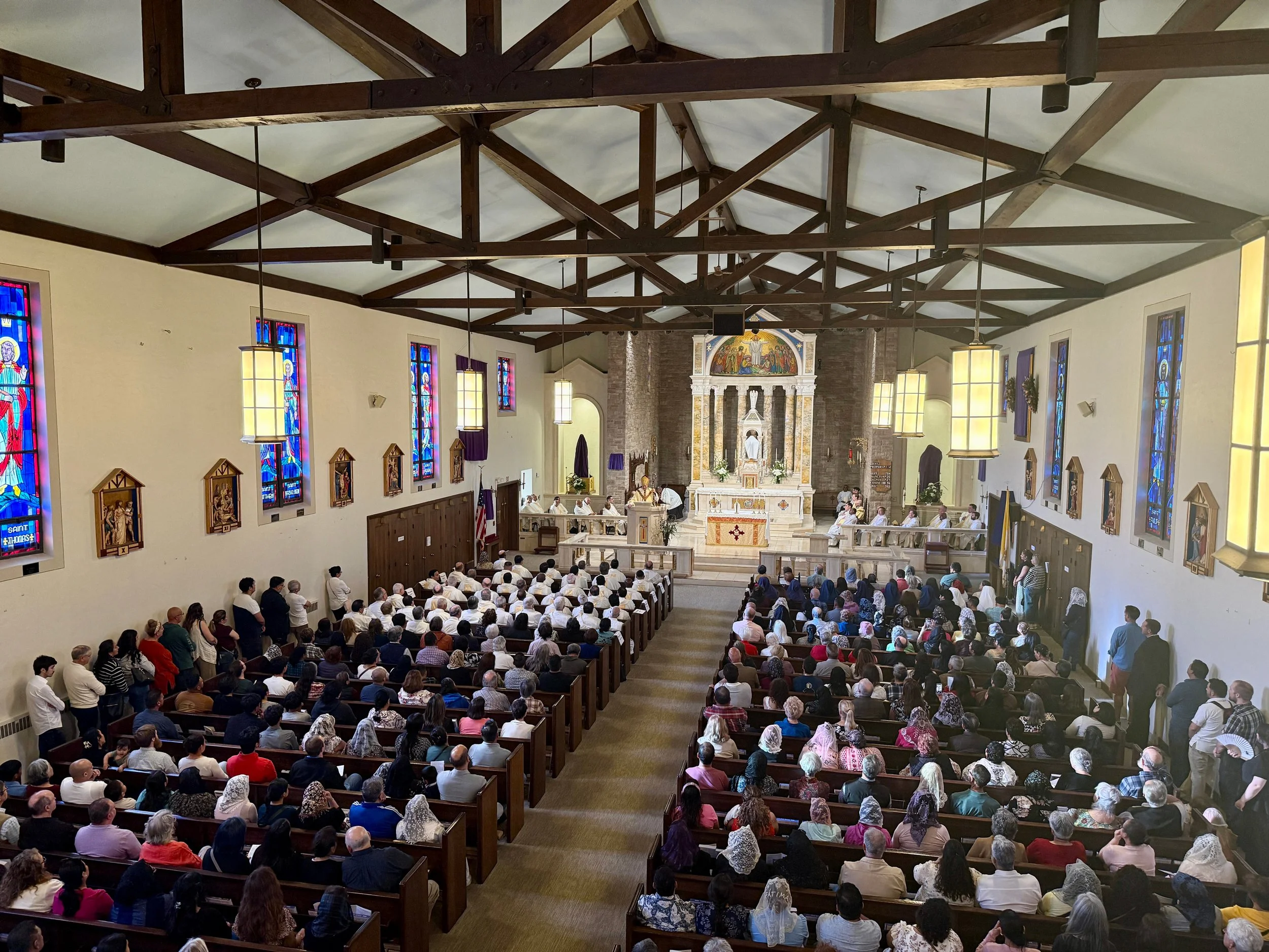 Inside St Eugene Cathedral looking down onto the congregation from the choir loft