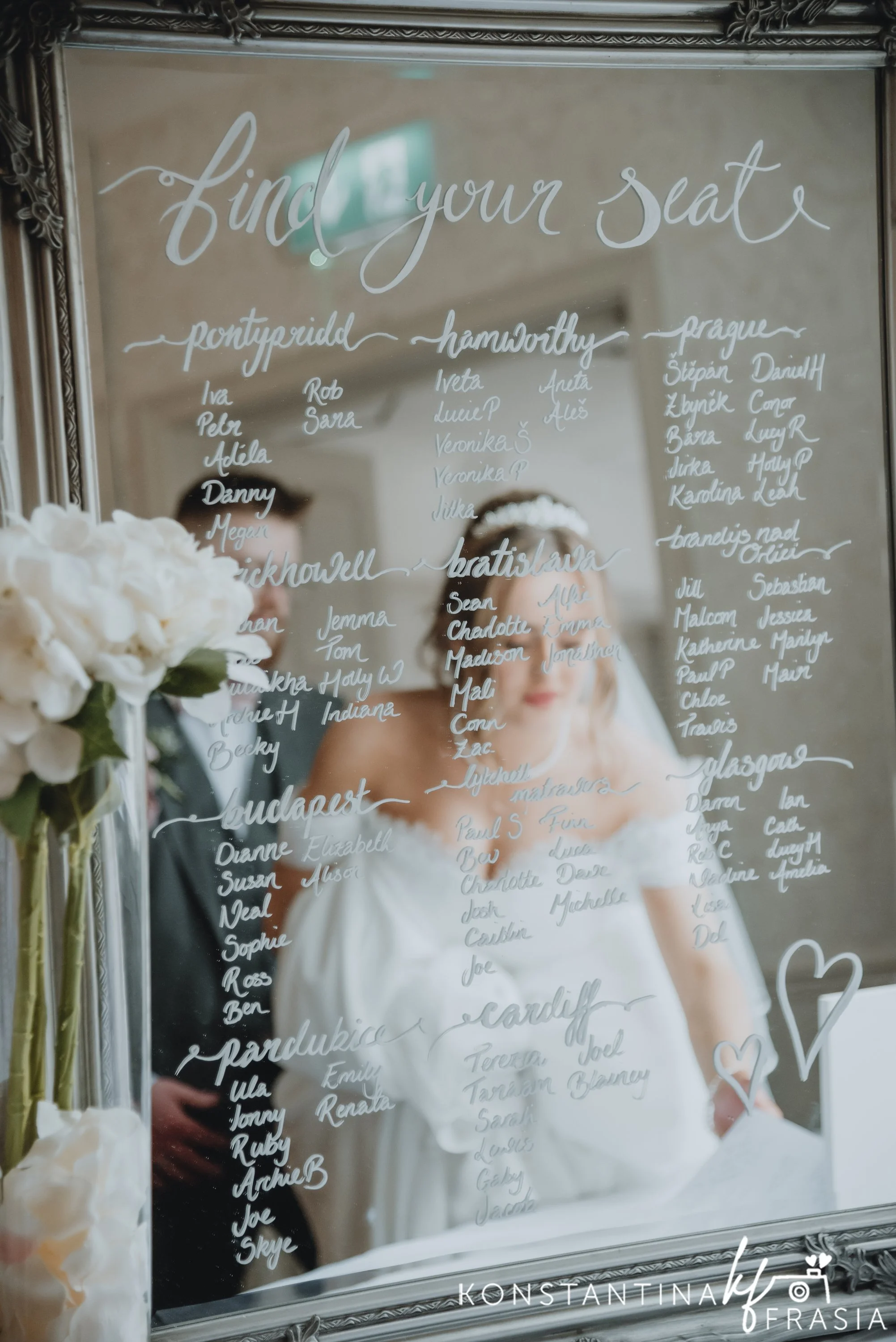Hand painted custom seating plan mirror for wedding.