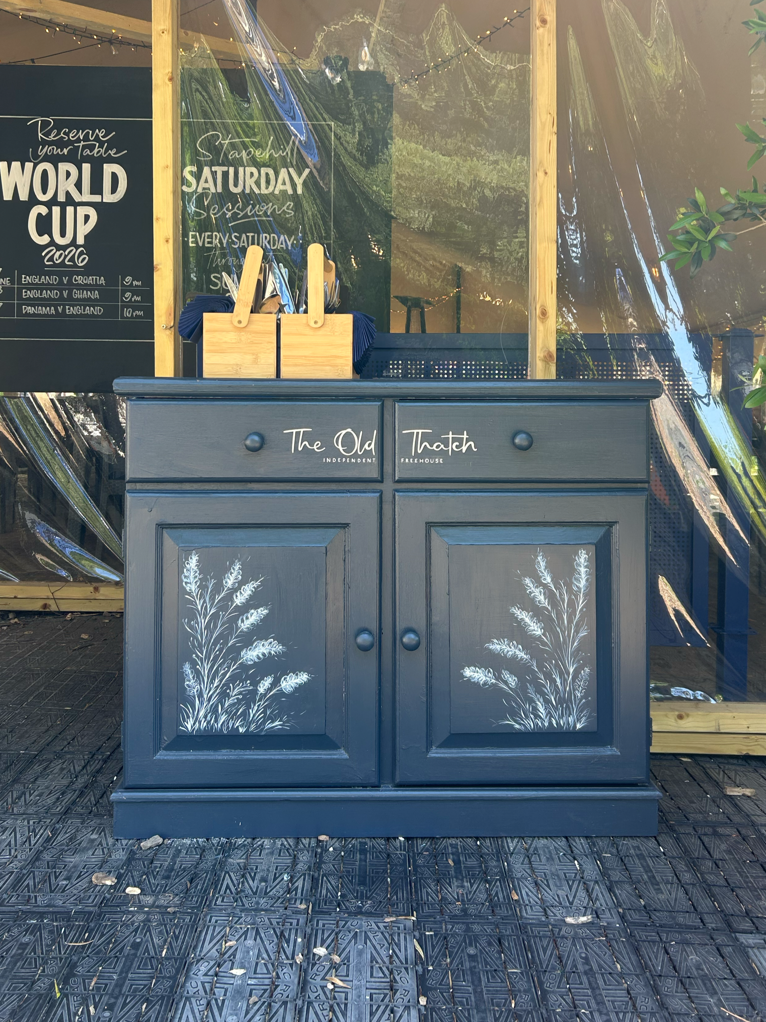 Hand painted pub cabinet with logo painted too for The Old Thatch, Independent Freehouse.
