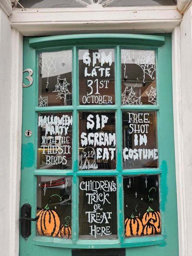 Halloween door writing & artwork for The Bird, Wimborne.