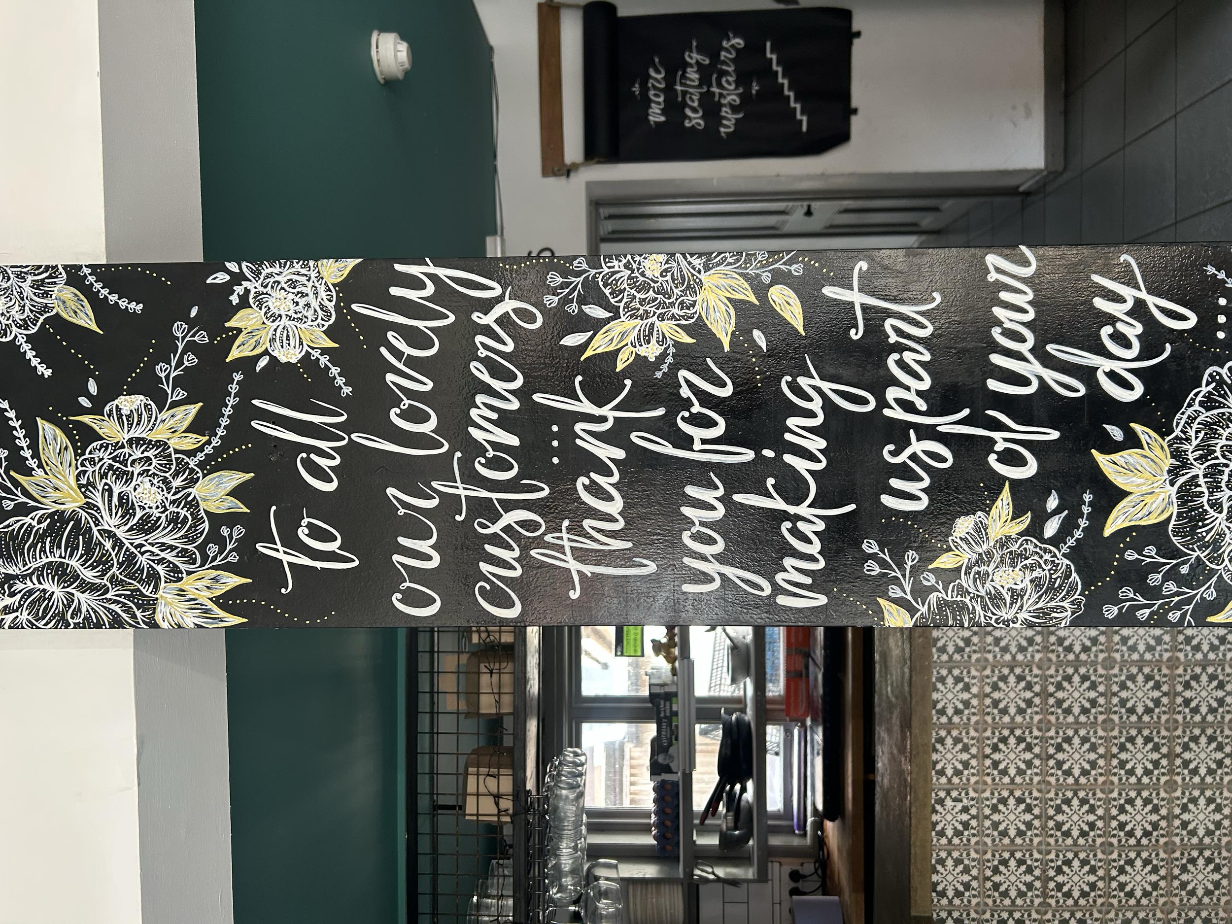 Hand painted lettering as part of a decorative painting project for The Bird, Wimborne.
