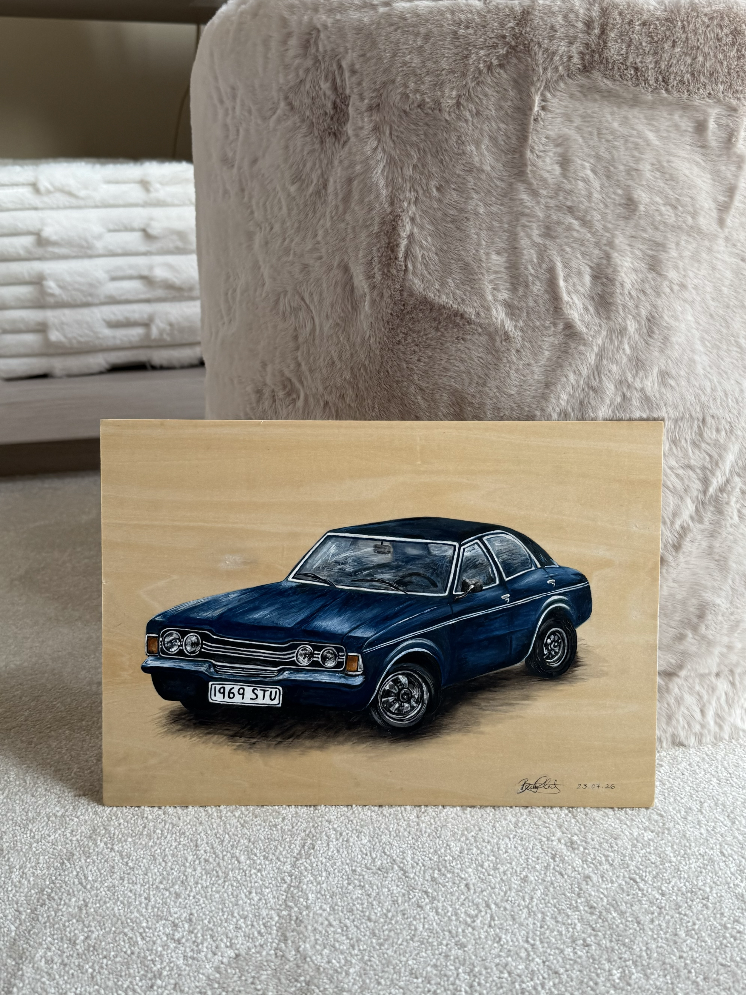 Ford cortina commission, acrylic paint on MDF, A4, personalised number plate.