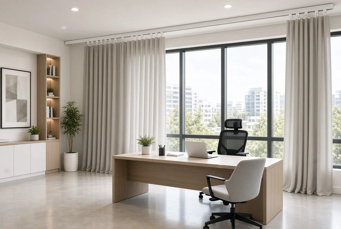 Modern office with large windows, a wooden desk, an ergonomic black chair, a white guest chair, a laptop, and decorative plants.