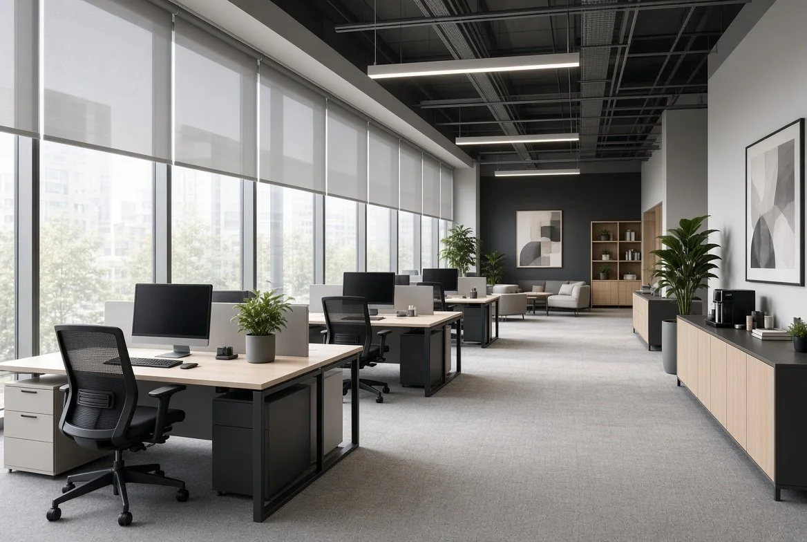 Modern office space with multiple desks, computers, and chairs along large windows with blinds, and a seating area with sofas and artwork in the background, decorated with plants.