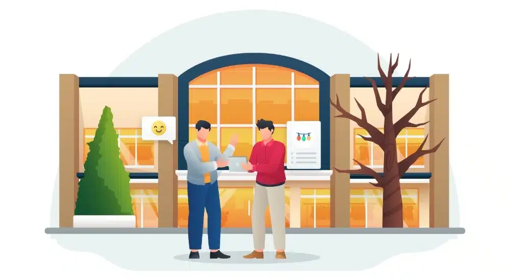 Two men standing outside a modern building, exchanging a tablet or document, with a smiling emoji speech bubble and a paper with colorful lights hanging on the windows, during sunset or sunrise.