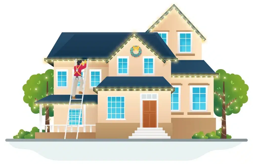 Person decorating a house with Christmas lights outdoors, with trees and bushes around. Orlando Christmas Lights, Orange County Holiday Lighting, Best Christmas Light Installation Near Me