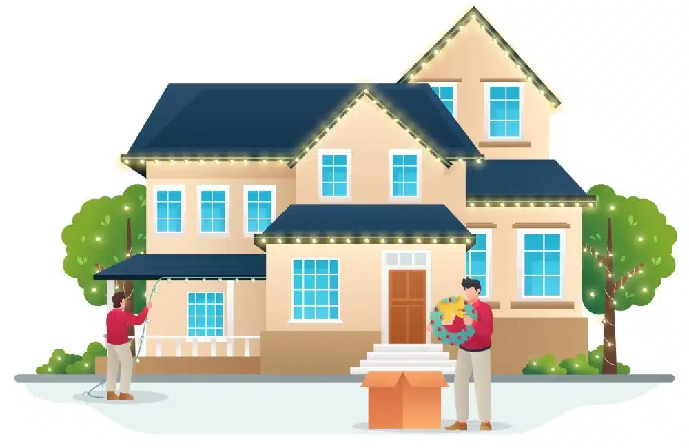 Two men decorating a large, multi-story house with holiday lights and ornaments, placing a wreath on the front door and a box on the ground. Orlando Christmas Lights, Orange County Holiday Lighting, Best Christmas Light Installation Near Me