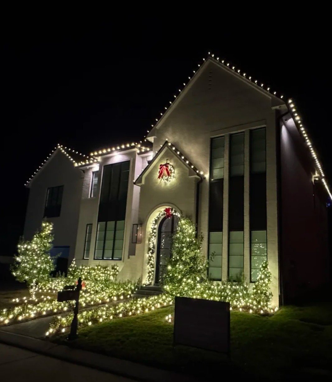 Christmas light installation on an Orlando home, trees and bushes lit up at night