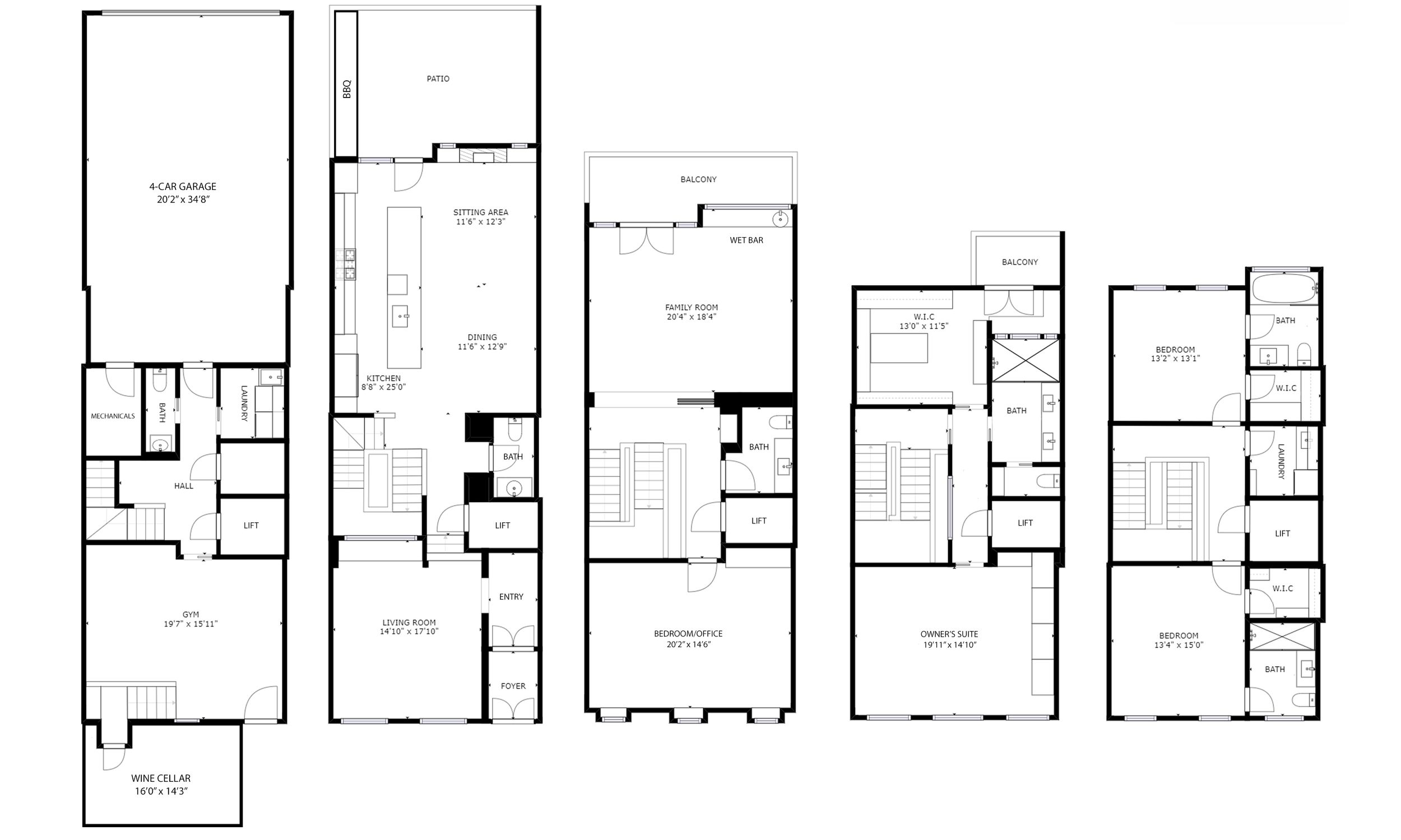 Architectural floor plan of a multi-story house layout showing rooms, stairs, elevators, and labels for various areas like garage, gym, wine cellar, bedrooms, bathrooms, living areas, kitchen, dining, patio, balcony, wet bar, and owner’s suite.