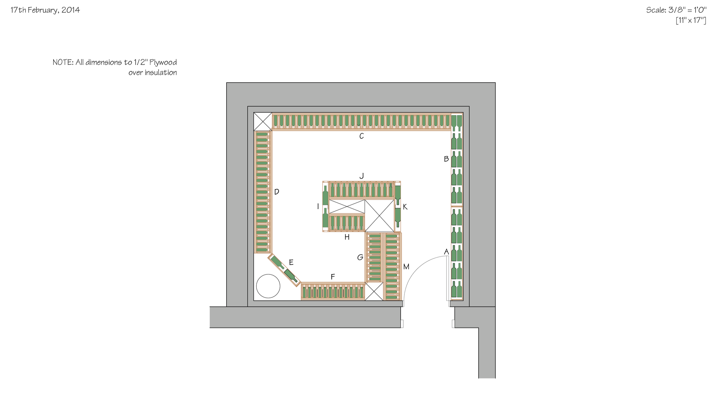 A floor plan of a basketball court with labeled sections and seating areas, dated February 17, 2014, and notes about dimensions and materials.