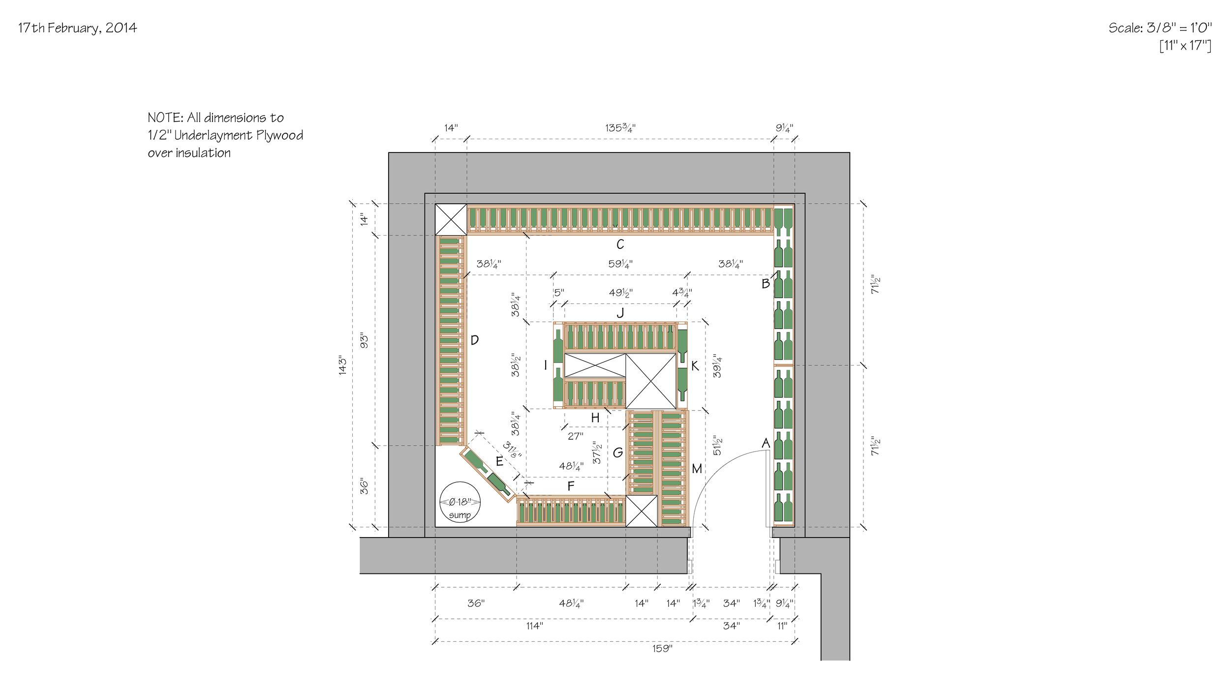 A detailed construction plan drawing of a building floor layout with measurements, annotations, and notes indicating dimensions and construction details.