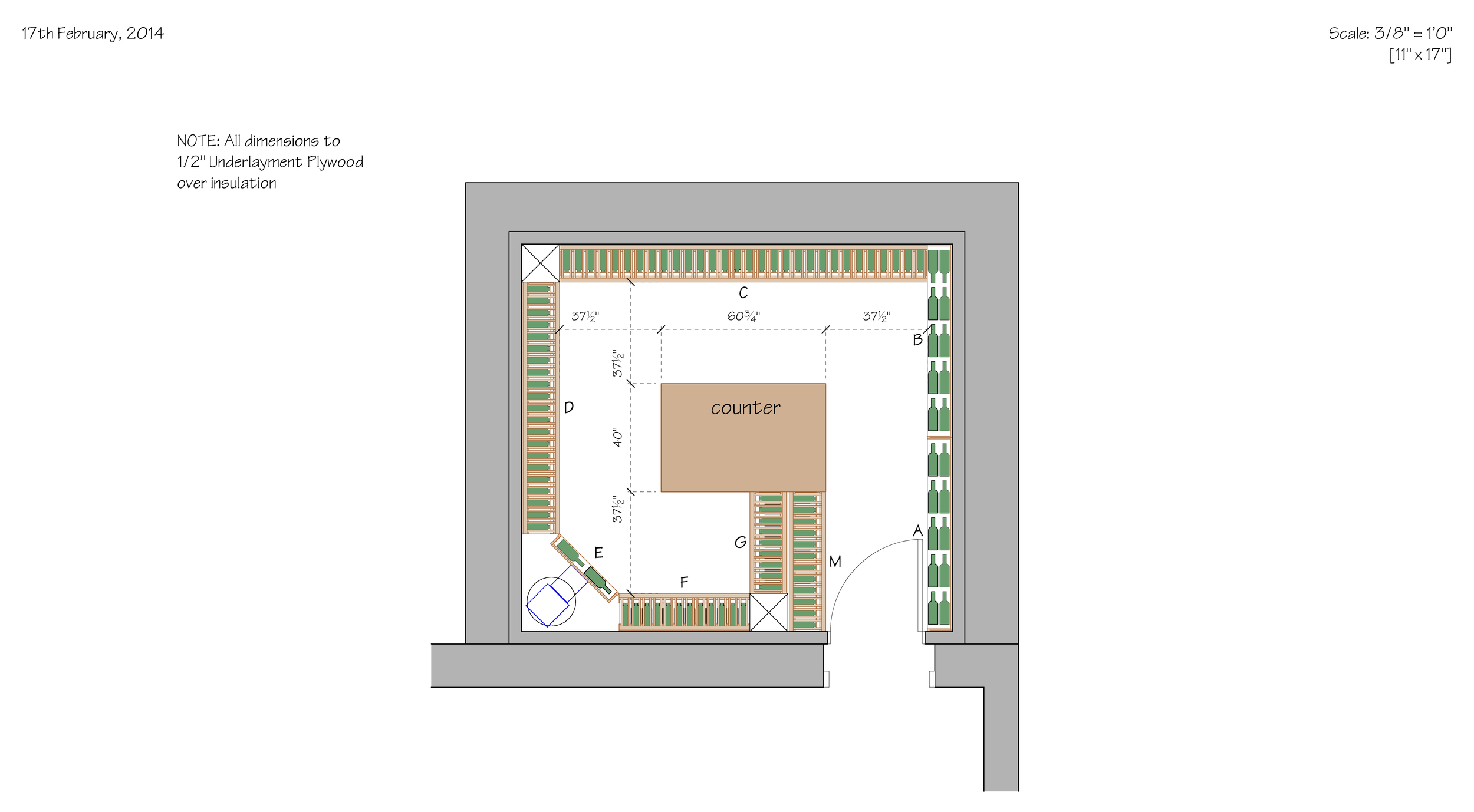 Architectural plan of a room with dimensions, a counter, and surrounding shelving.