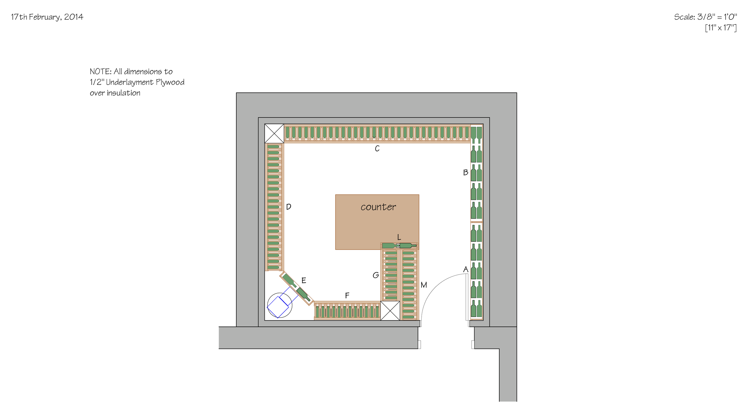 A detailed architectural floor plan of a room with furnishings, including a counter, shelves, and various labeled sections, date February 17, 2014.