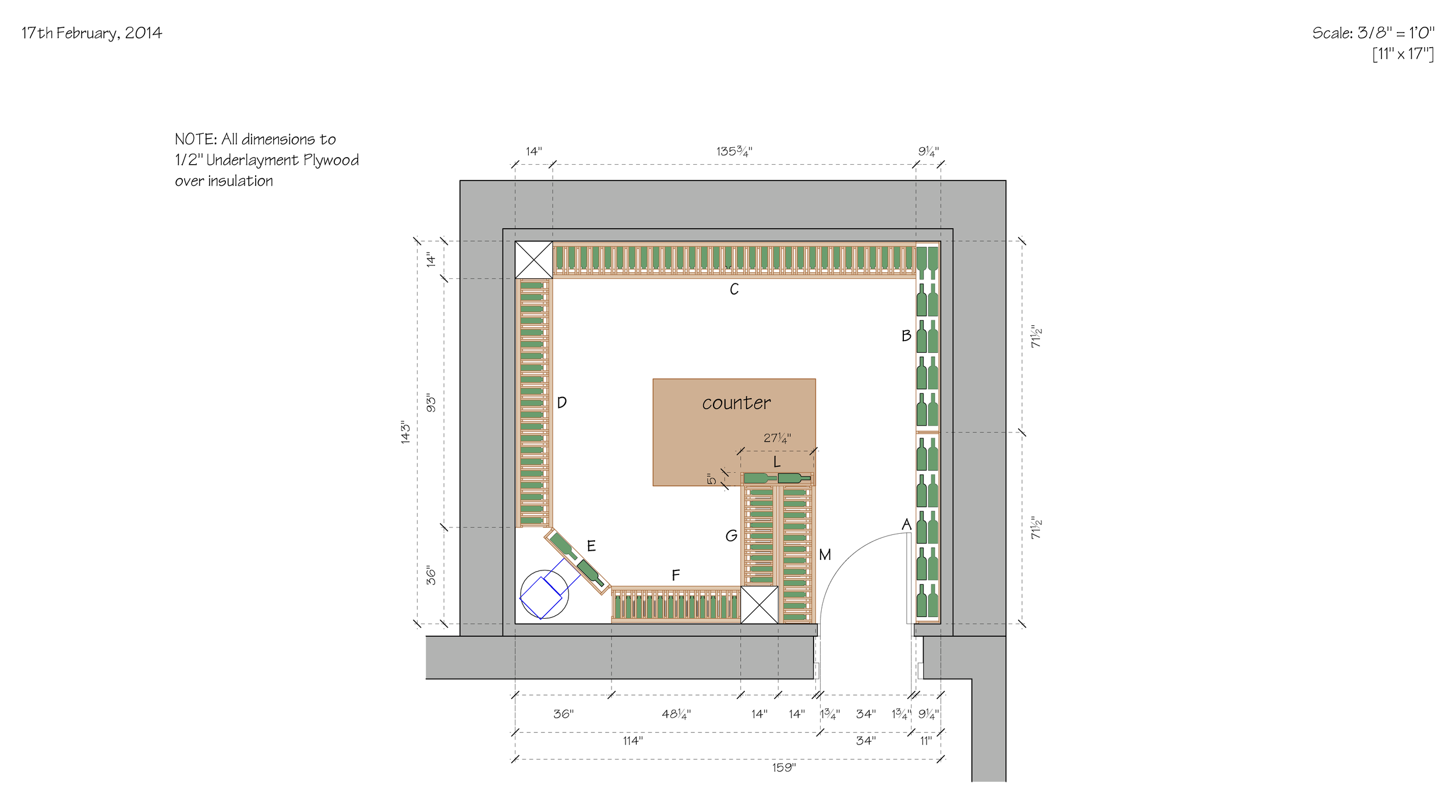 Architectural floor plan for a room with dimensions, a counter, and shelving units, drawn to a scale of 3/8 inch equals 1 foot.