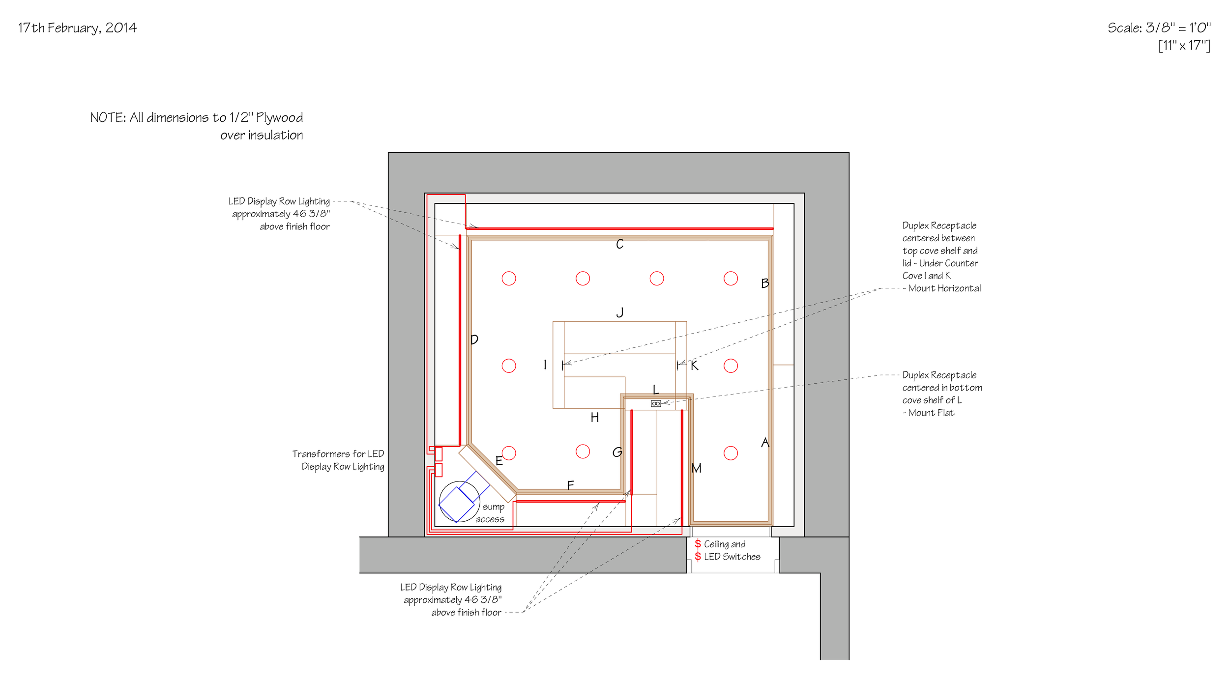 A detailed architectural floor plan of a room or building with dimensions, labels, and notes, including elements like LED display lighting, receptacles, transformers, and support structures, dated February 17, 2014.