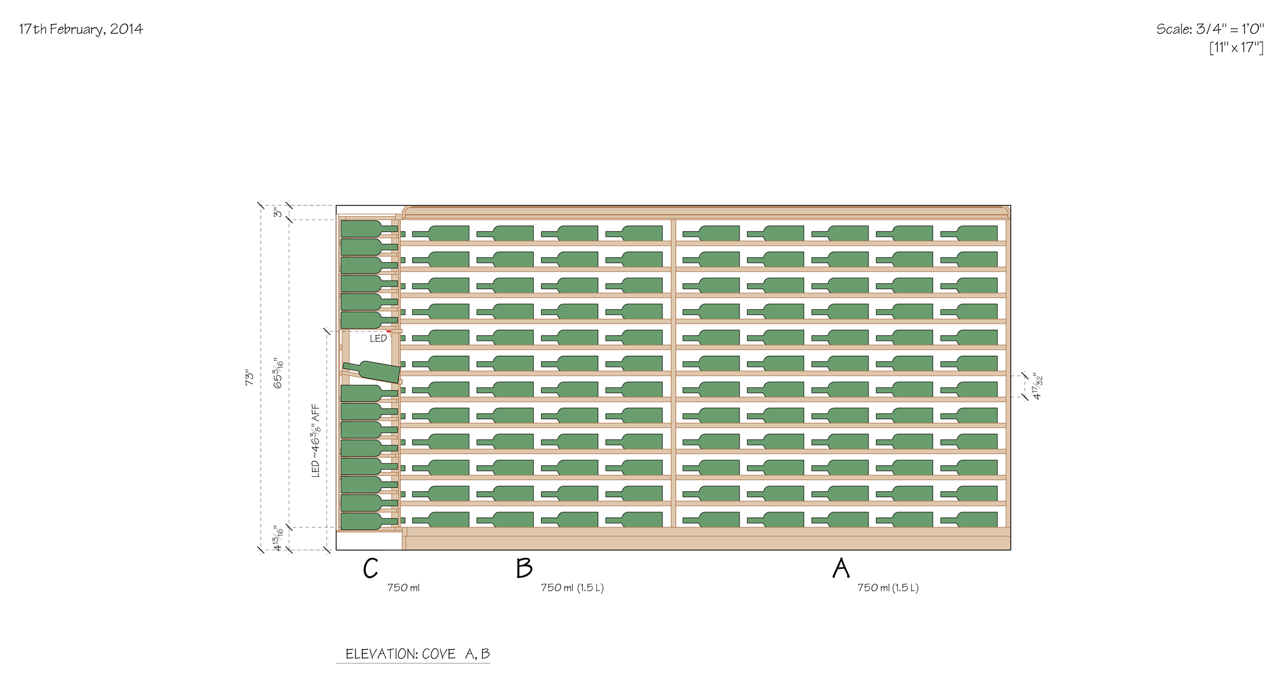 Architectural drawing of a shelving unit with labeled sections A, B, and C. The diagram includes measurements and notes about LED lighting and dimensions. The date 17th February 2014 is in the top left corner.