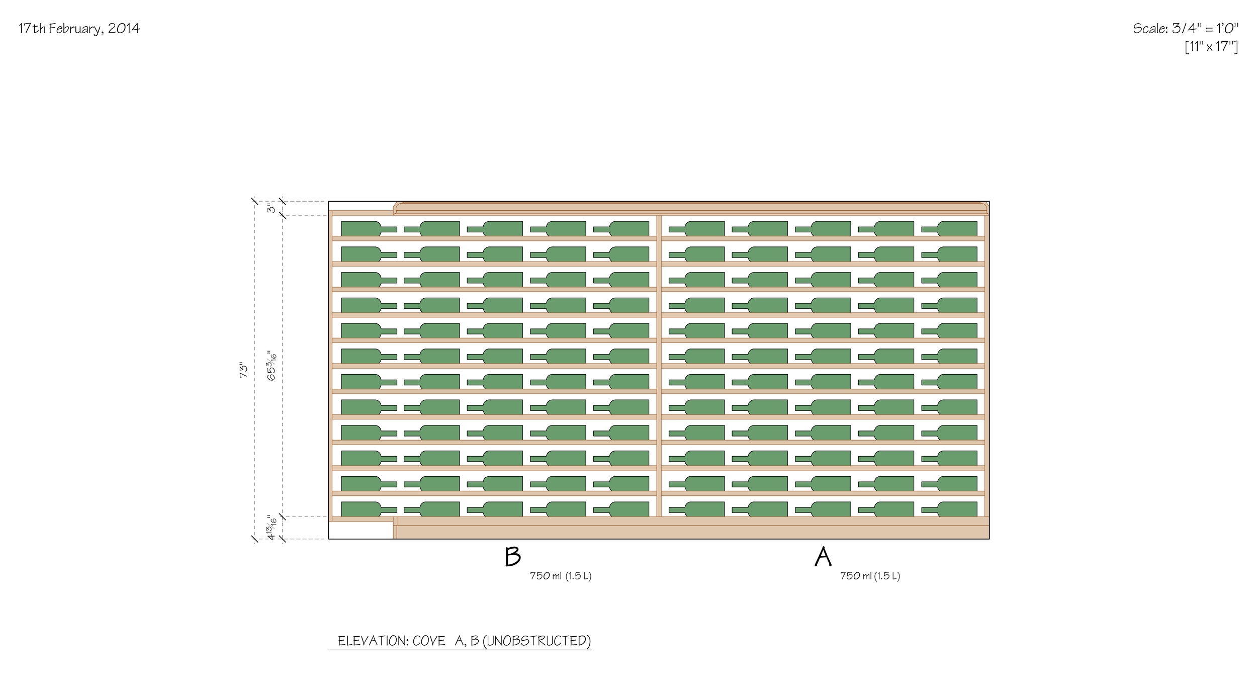 A detailed architectural drawing of a wine rack with multiple shelves, labeled with measurements and dimensions, dated February 17, 2014.