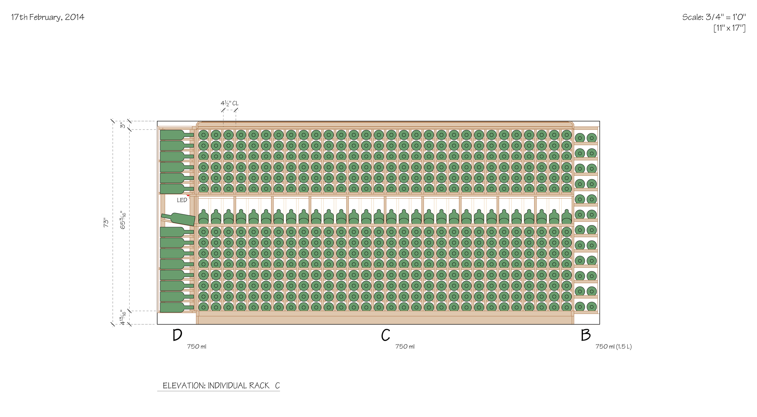 A detailed technical drawing of a large wooden wine rack filled with green bottles, labeled with measurement details and a date of February 17, 2014.