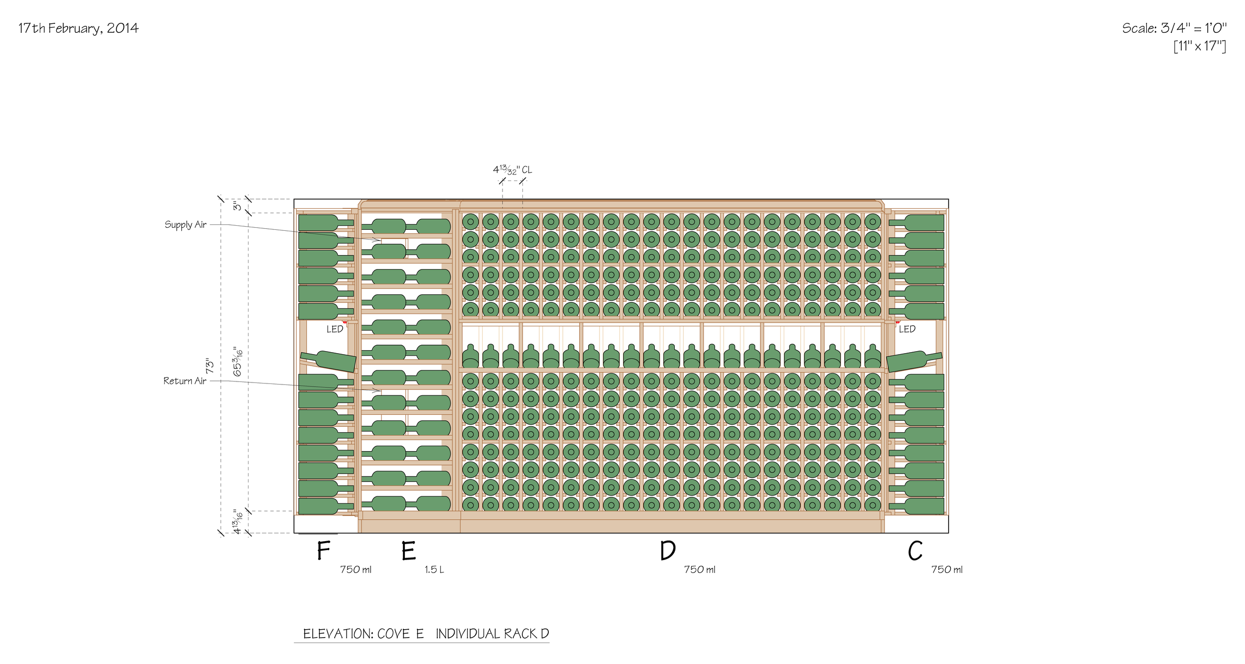 A detailed engineering diagram of a wooden rack with multiple green bottles arranged in rows and columns, labeled with measurements and annotations, including supply air, return air, LED, and dimensions for spacing and size.