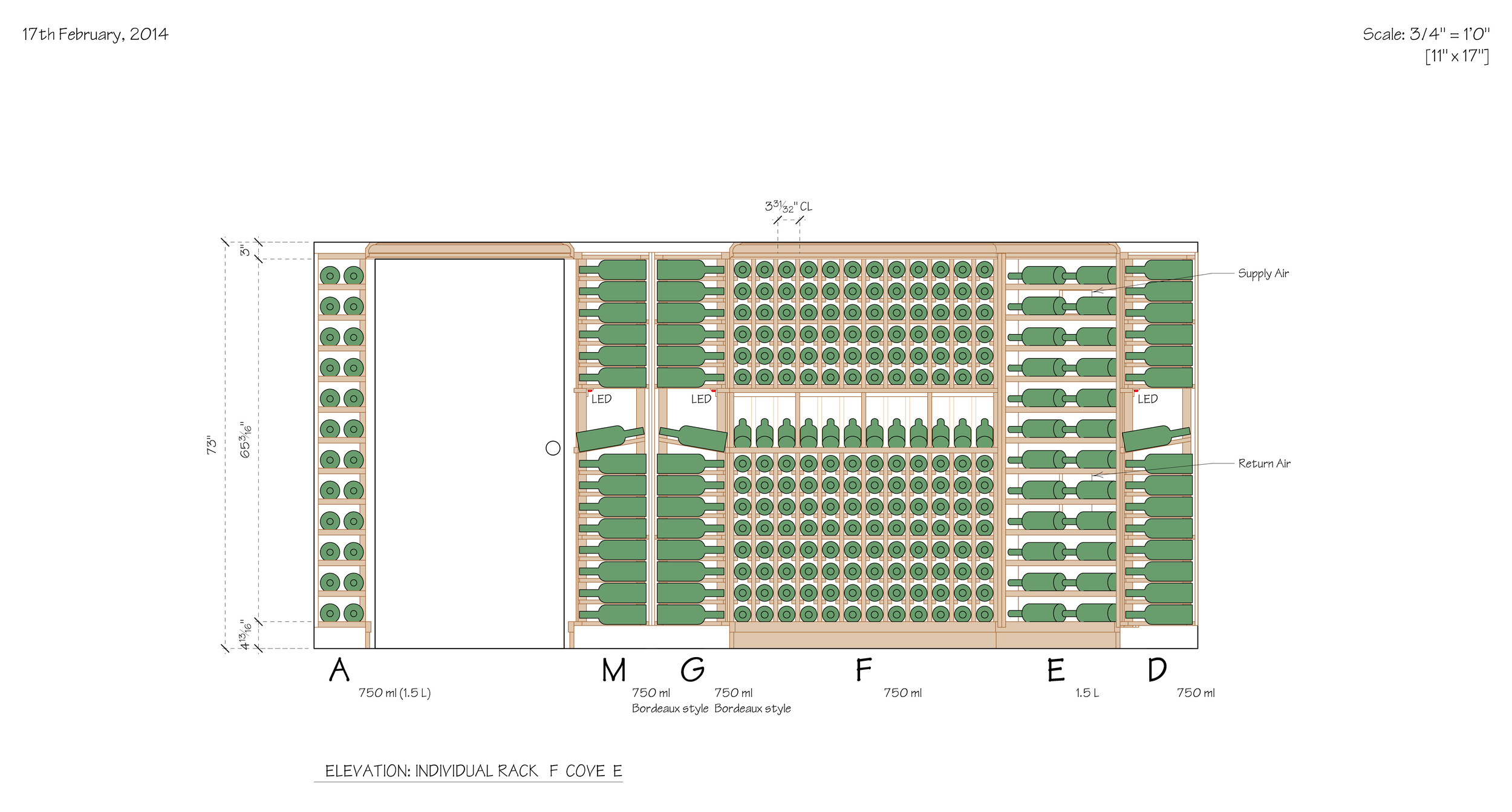 A detailed technical drawing of a wine rack layout with labeled sections, measurements, and notes for managing Bordeaux style wine bottles, including supply air and return air placement.
