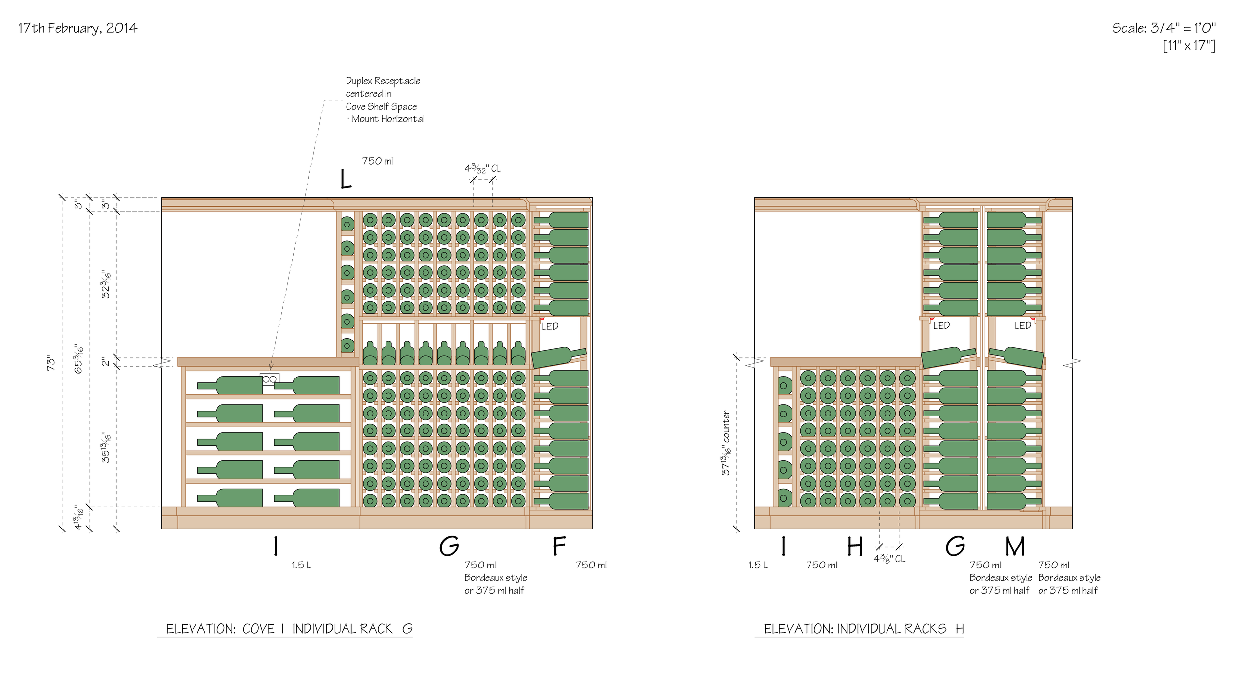 Technical drawing of wine bottle storage racks with labeled measurements and details for assembly.