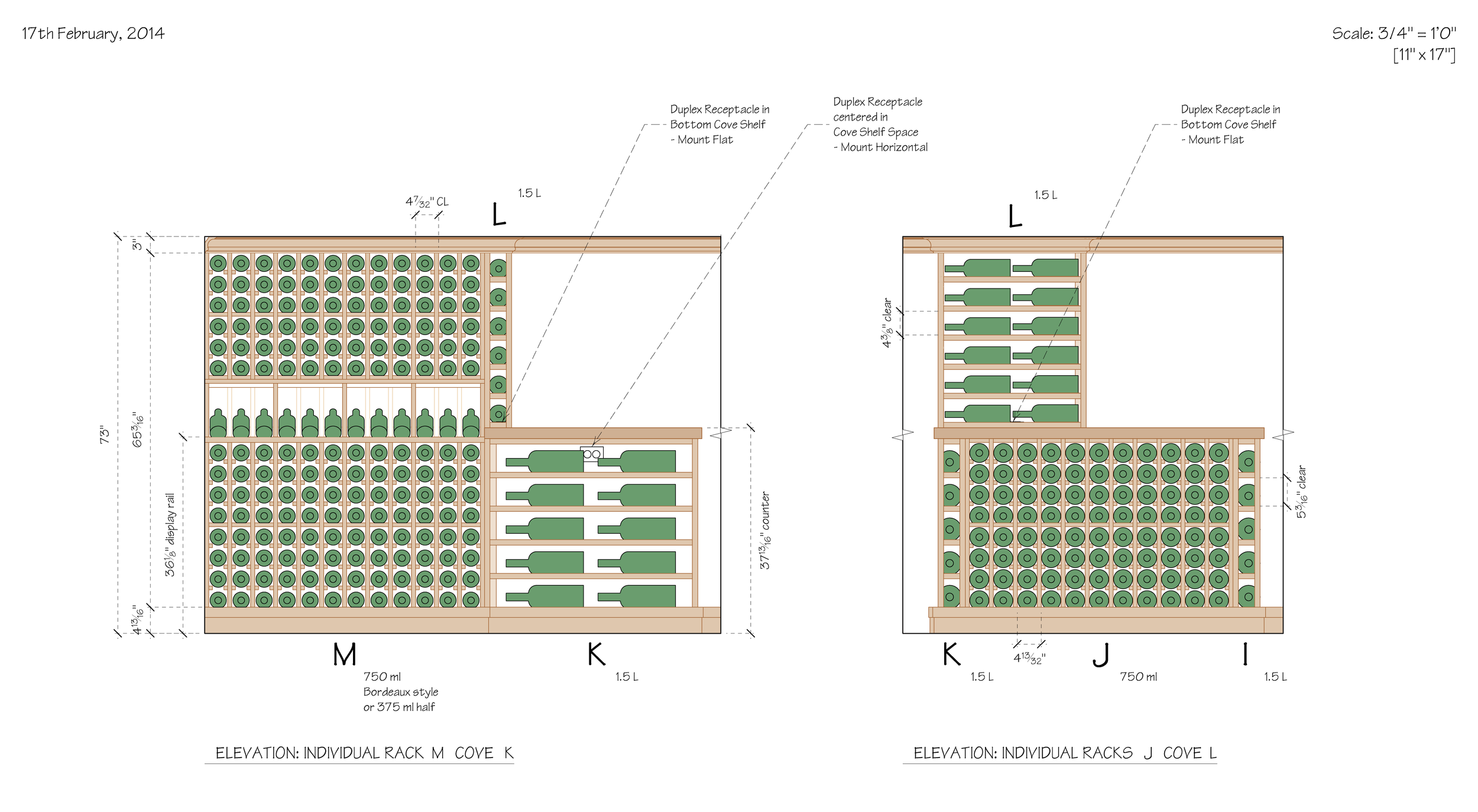 Technical drawing of wine racks with measurements and labels for different rack types at 17th February 2014.