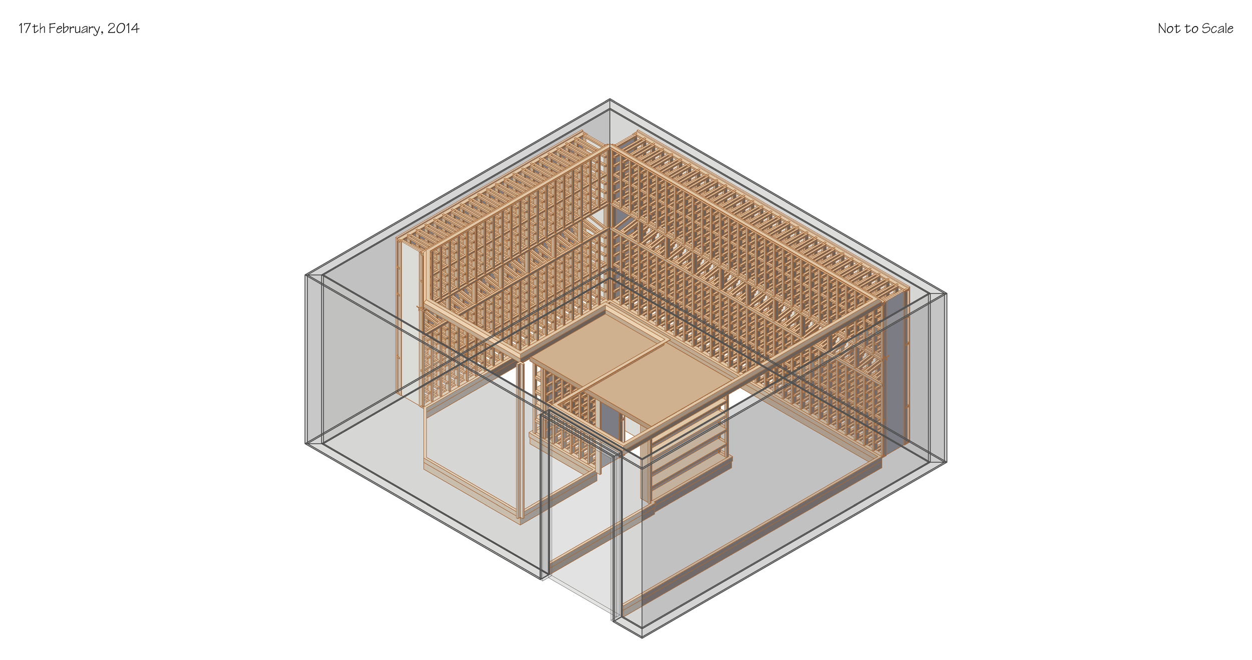 3D architectural rendering of a house's interior framing, showing wall studs, floor joists, and stairs, with a note indicating the date of February 17, 2014.