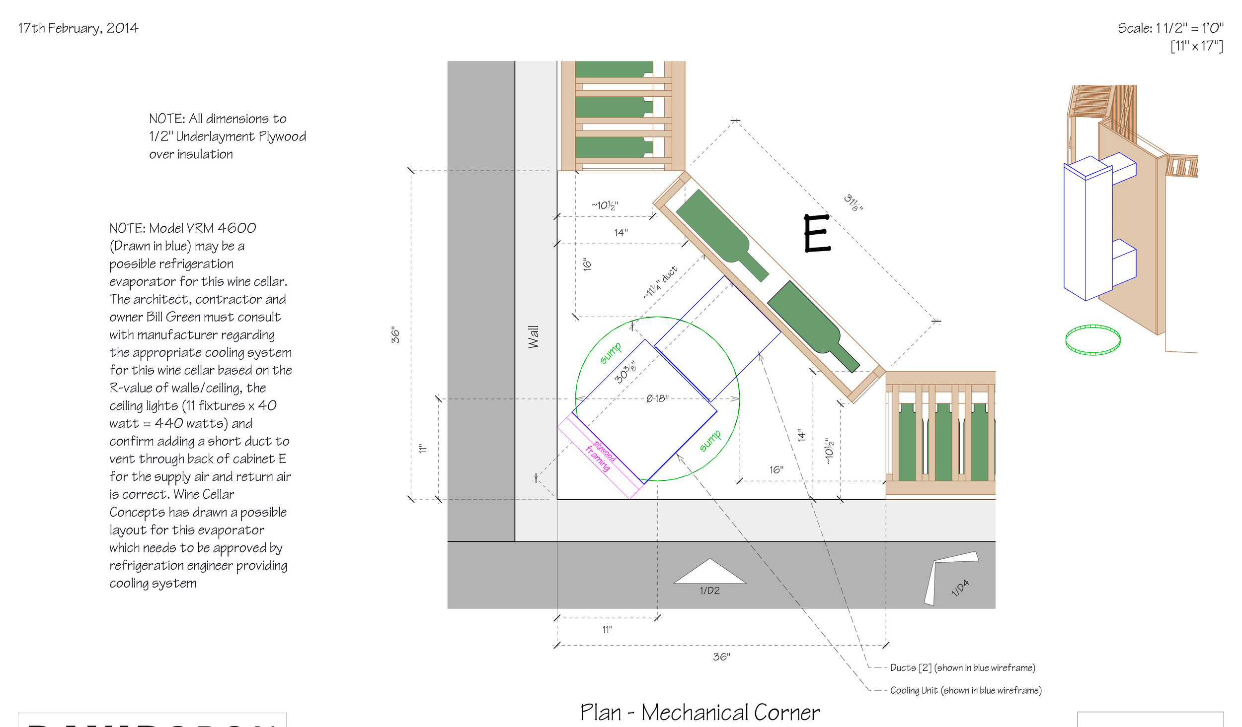 Construction plan for a wine cellar, showing detailed measurements, layouts, and various components such as walls, framing, ducts, and cooling units, with notes on materials and specifications.