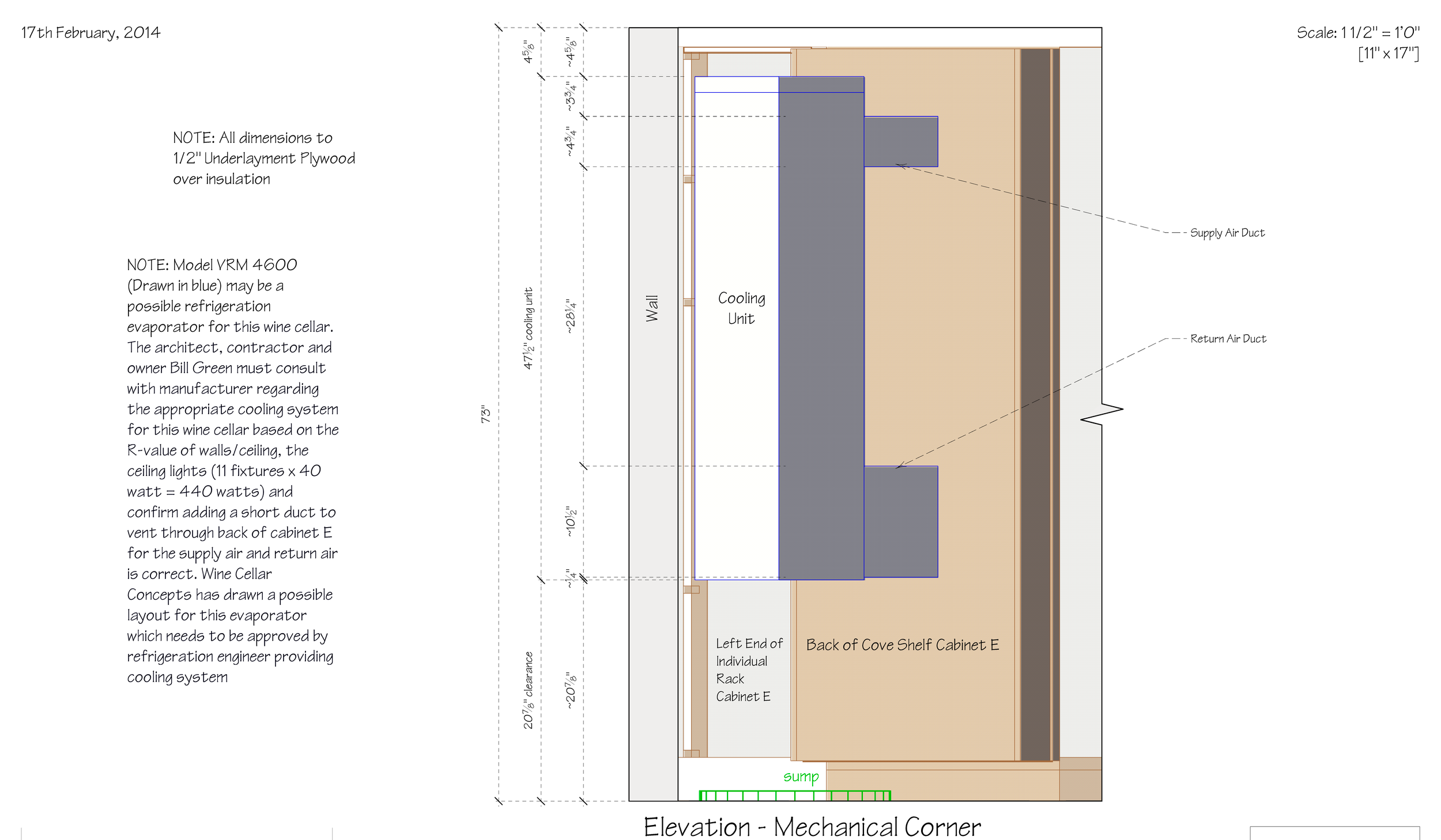 Floor plan of a wine cellar with a detailed diagram of ceiling and insulation, including cooling and return air ducts, with dimensions and construction notes.