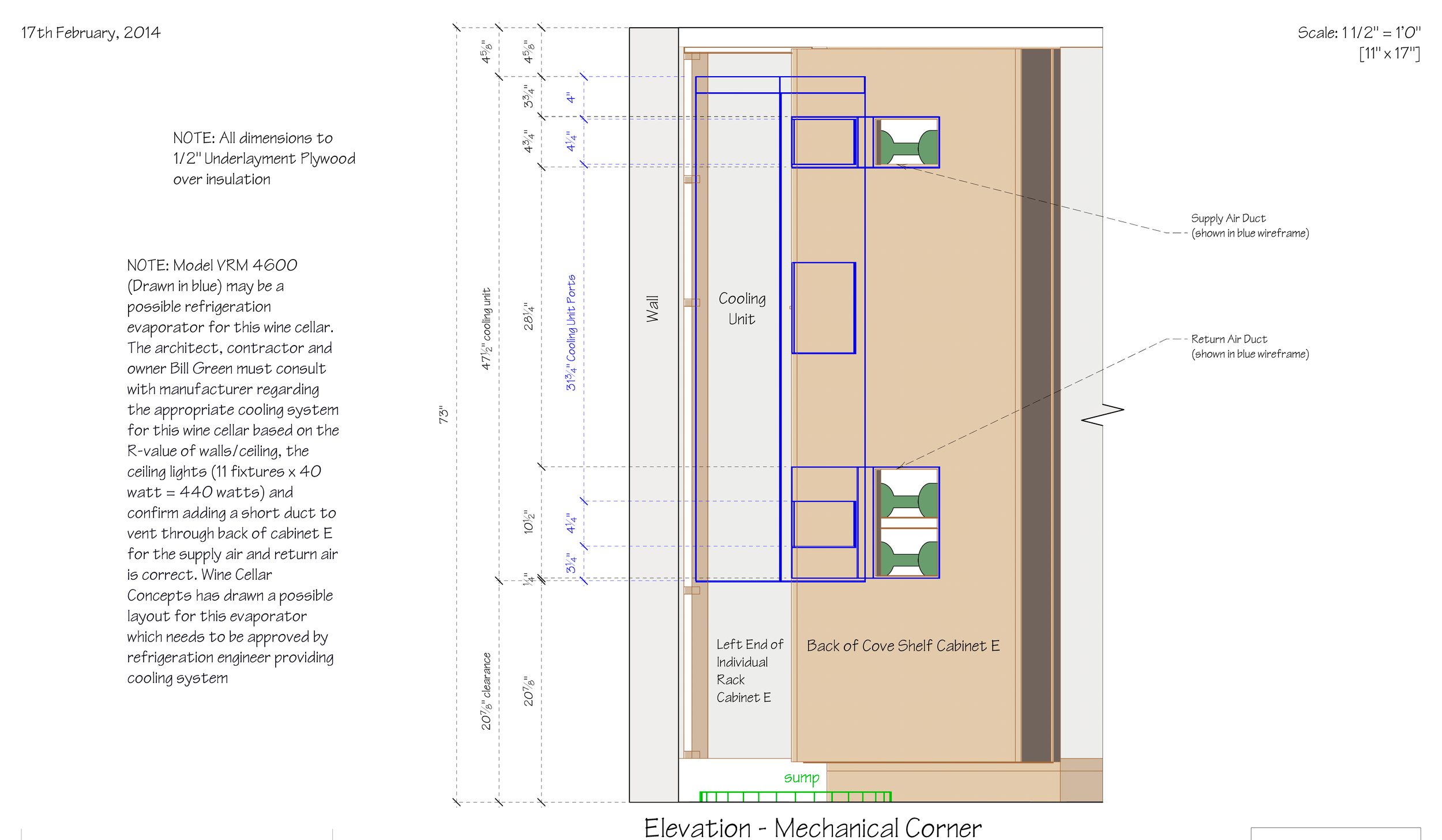 Architectural blueprint of a wine cellar construction plan, showing dimensions, cooling system, supply and return air ducts, and cabinetry layout.