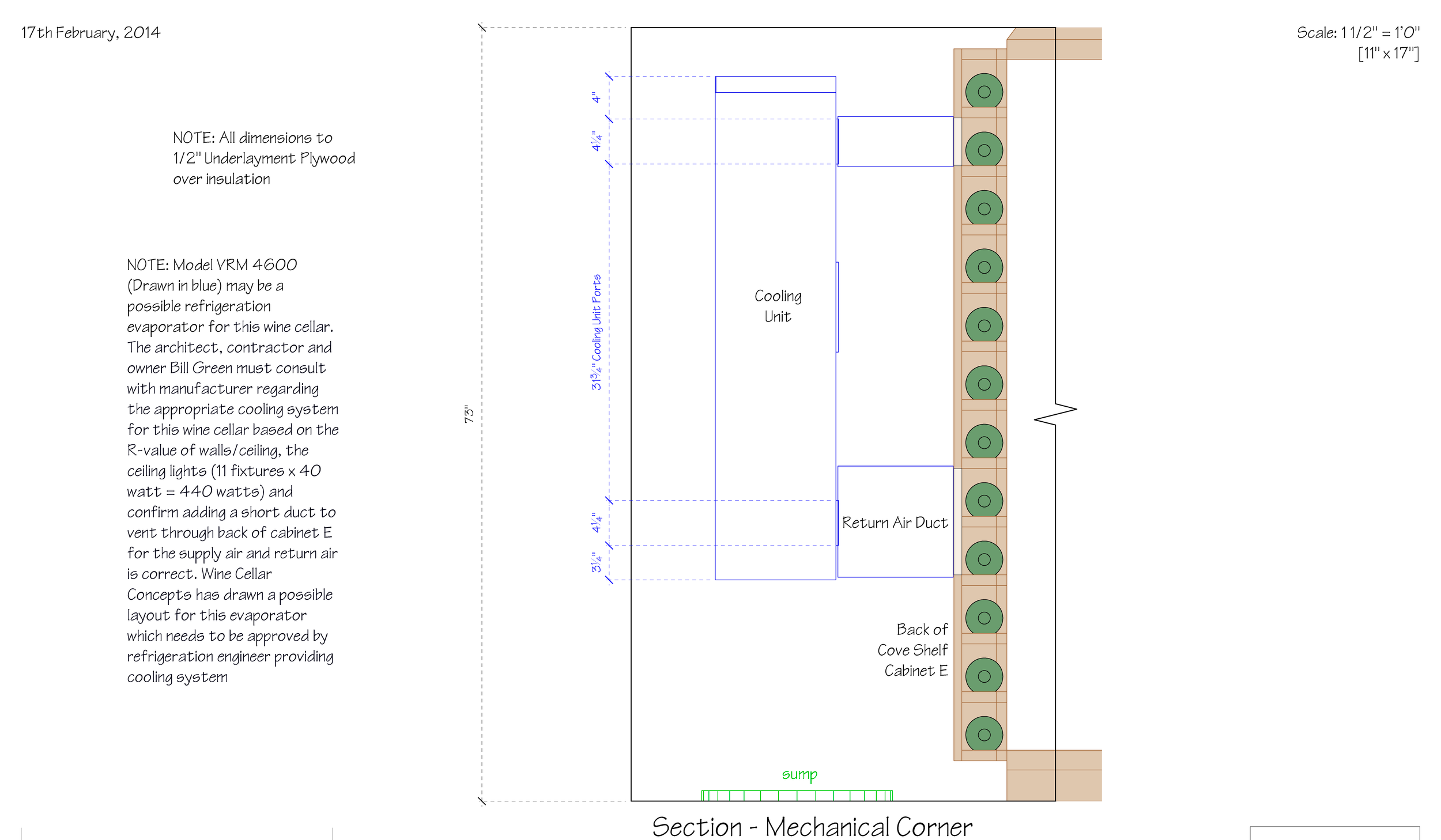 A detailed architectural drawing of a wine cellar section, showing cooling unit, return air duct, cove shelf cabinets, and an evaporator, with notes on dimensions and components.