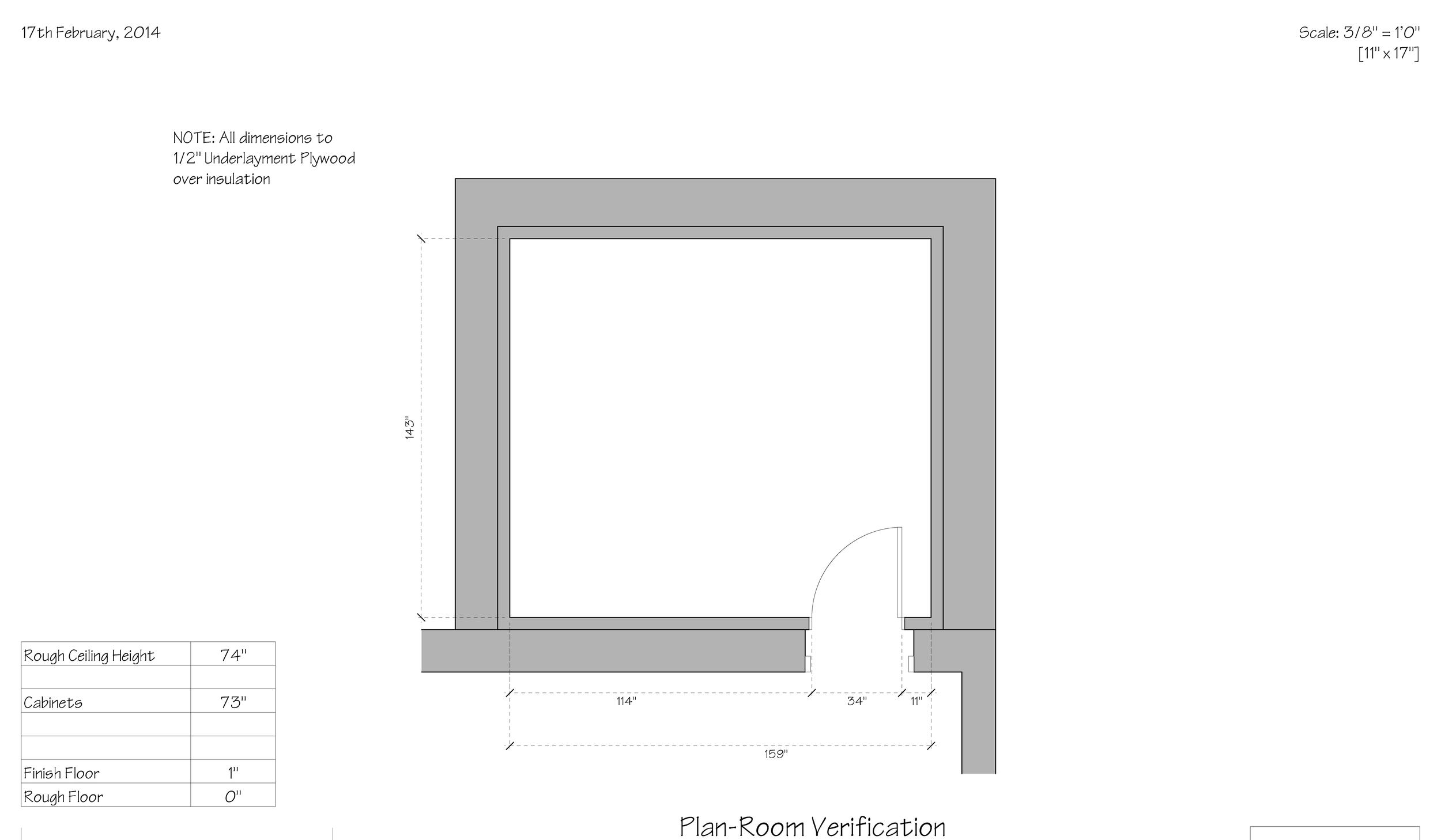 A detailed architectural plan of a room, showing measurements, wall colors, ceiling height, and cabinetry details. The plan includes notes about dimensions, scale, and materials used, with a title indicating it is a 'Plan-Room Verification'.