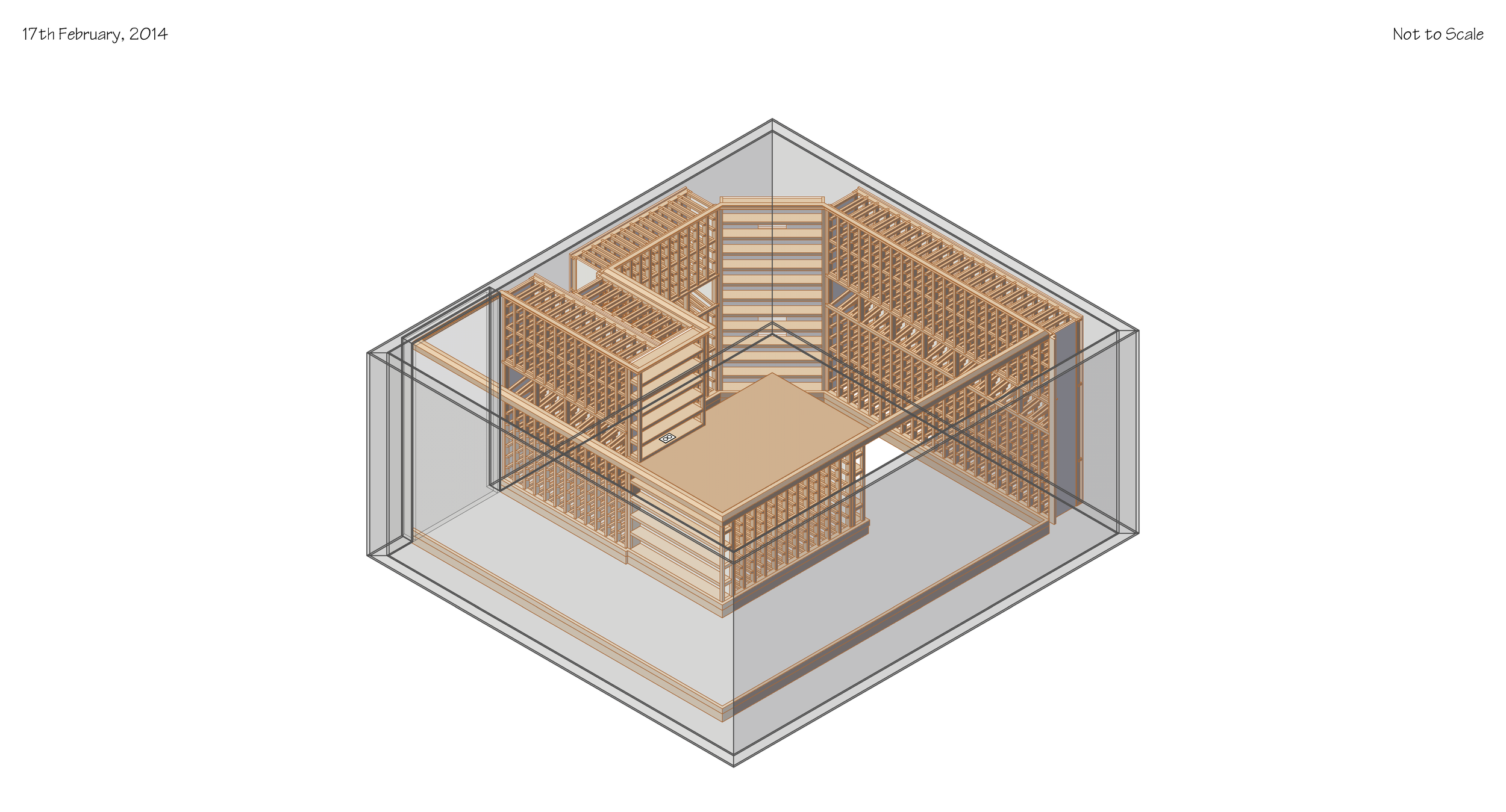 3D architectural blueprint of a multi-story building's interior framing, showing wooden floor and wall structures, with surrounding transparent walls.