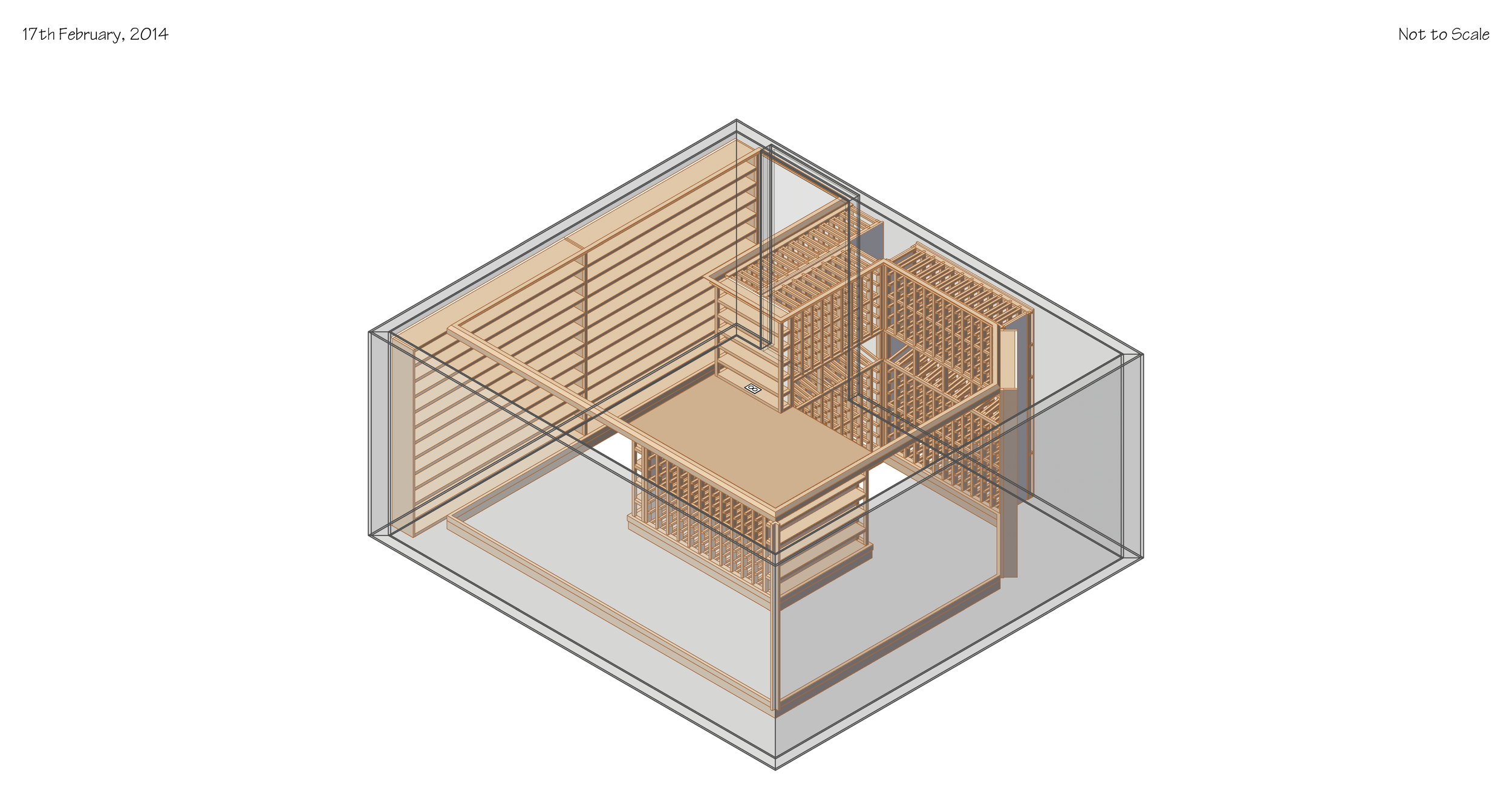 A detailed architectural drawing of a house frame with wooden beams and framing, shown in a wireframe view with some transparent elements.