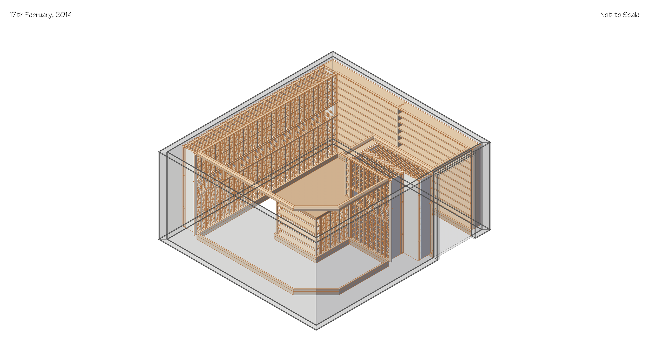A detailed 3D architectural wireframe drawing of the interior framing and structure of a building, including walls, floors, and ceiling framework, dated February 17, 2014.
